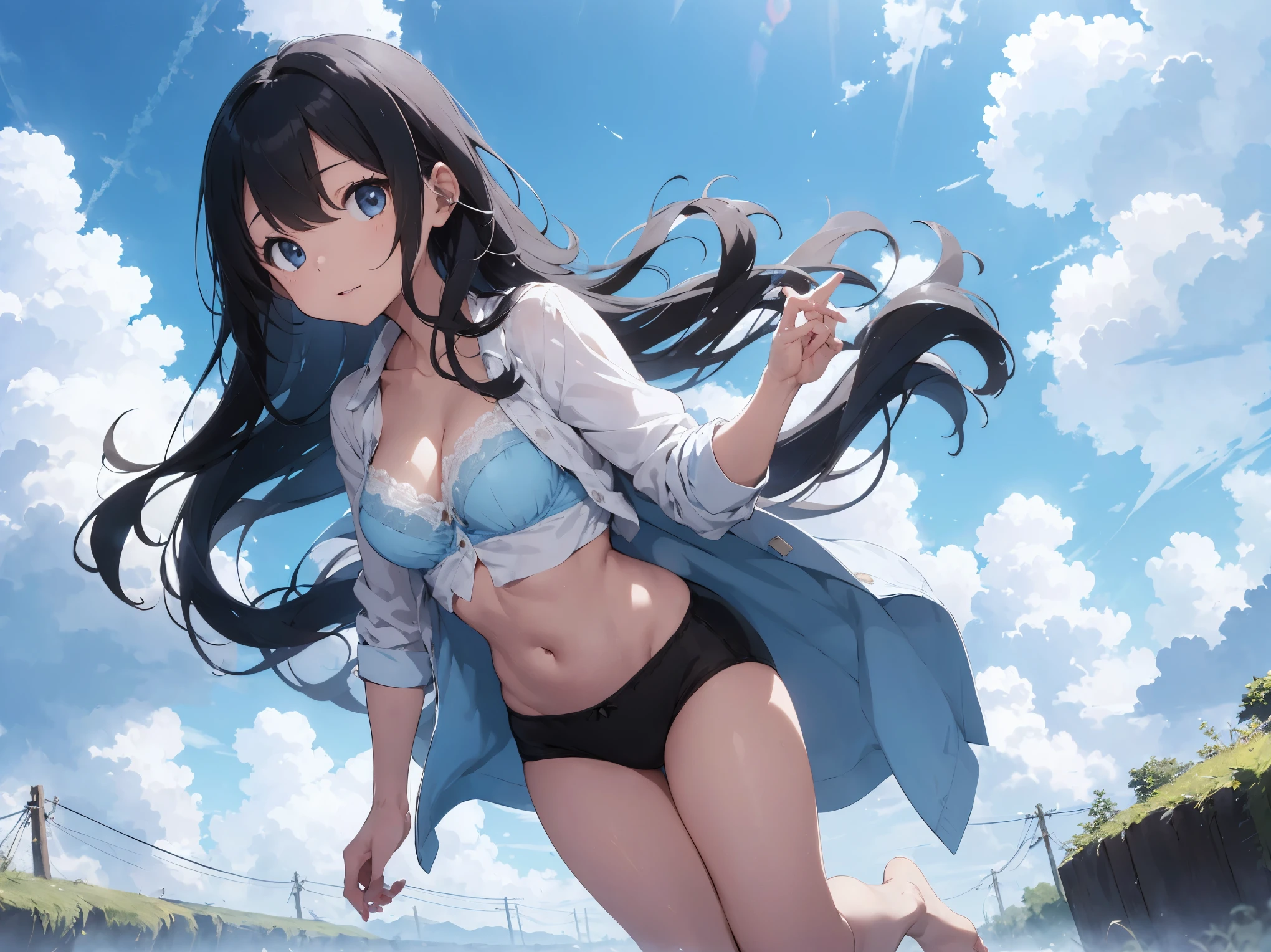 Girl with unbuttoned white shirt、Cute light blue bra、Cute light blue underwear、barefoot、Girl with super long black hair、Cumulonimbus cloud and blue sky、Beautiful breasts、White skin