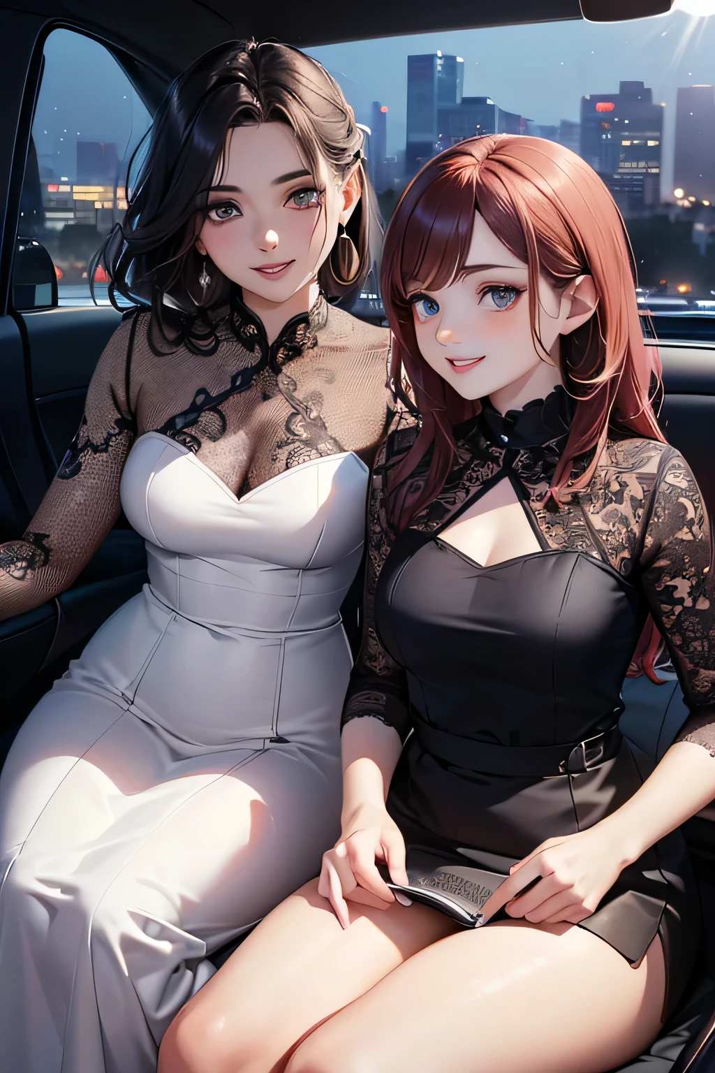 highest quality、High resolution、Detailed Background、(Beautiful face in every detail:1.4)、Anatomically correct、(Detailed facial expressions)、(Detailed eyes:1.2)、(Detailed eyes:1.2)、Beautiful women in their 20s、(Highly detailed face:1.4)、well-groomed eyebrows、Cute Eye Makeup、Cute Lip Makeup、Cute clothes with little exposure、Parking area at dawn、
(Two beautiful women laughing while sitting in an open car with a beautiful night view in the background:1.5)