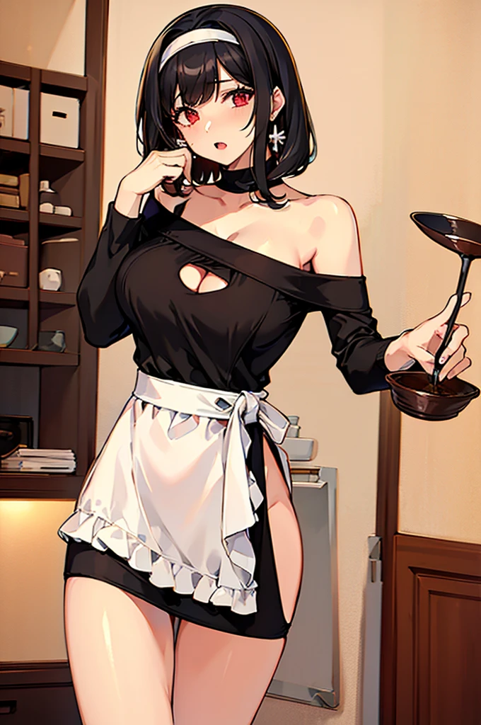 masterpiece, yor, 1girl, Amazing Cleavage:1.3, thin waist, big ass, Raised sexy, medium breast: 1.8 posed cleavage:1.2、solo, looking at viewer, open mouth, have a cup of coffee,black hair, red eyes, dress, bare shoulders, jewelry, collarbone, sidelocks, hairband, earrings, indoors, off shoulder, :o, sweater, arms behind back, plant, short hair with long locks, white hairband, off-shoulder dress, sweater dress, off-shoulder sweater, red sweater, big side hair, very long side hair,is rendered in (masterpiece: 1.2, best quality), with (ultra high resolution) and an exquisite (depth of field). This masterpiece is not only visually stunning but also tells, teach of cooking ,in the kitchen
