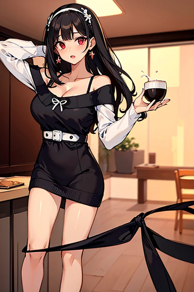 masterpiece, yor, 1girl, Amazing Cleavage:1.3, thin waist, big ass, Raised sexy, medium breast: 1.8 posed cleavage:1.2、solo, looking at viewer, open mouth, have a cup of coffee,black hair, red eyes, dress, bare shoulders, jewelry, collarbone, sidelocks, hairband, earrings, indoors, off shoulder, :o, sweater, arms behind back, plant, short hair with long locks, white hairband, off-shoulder dress, sweater dress, off-shoulder sweater, red sweater, big side hair, very long side hair,is rendered in (masterpiece: 1.2, best quality), with (ultra high resolution) and an exquisite (depth of field). This masterpiece is not only visually stunning but also tells, teach of cooking ,in the kitchen
