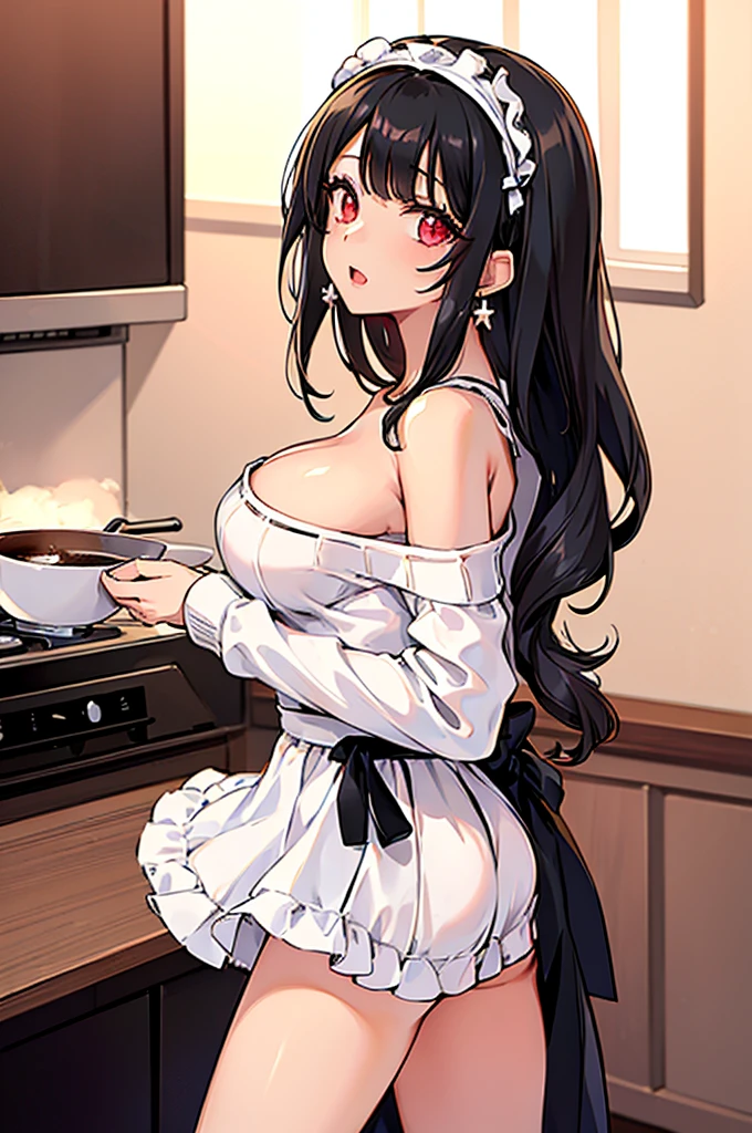 masterpiece, yor, 1girl, Amazing Cleavage:1.3, thin waist, big ass, Raised sexy, medium breast: 1.8 posed cleavage:1.2、solo, looking at viewer, open mouth, have a cup of coffee,black hair, red eyes, dress, bare shoulders, jewelry, collarbone, sidelocks, hairband, earrings, indoors, off shoulder, :o, sweater, arms behind back, plant, short hair with long locks, white hairband, off-shoulder dress, sweater dress, off-shoulder sweater, red sweater, big side hair, very long side hair,is rendered in (masterpiece: 1.2, best quality), with (ultra high resolution) and an exquisite (depth of field). This masterpiece is not only visually stunning but also tells, teach of cooking ,in the kitchen
