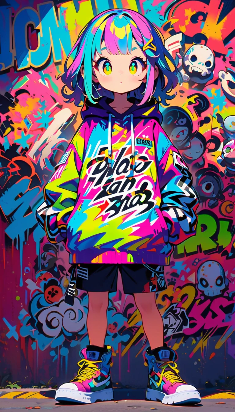 Style 5,Style 7,High resolution, (Best details) (highest quality), Wearing an oversized hoodie、Alfie man walking with hands in pockets, (((Graffiti art))), (((Trigger Studio style, Graffiti art, Rock punk, Neon color))), Karn Griffiths