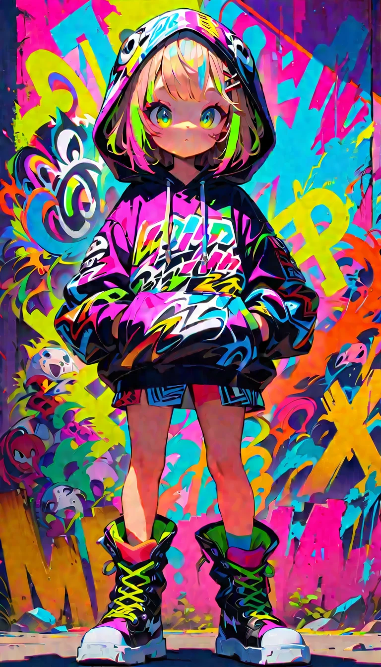 Style 5,Style 7,High resolution, (Best details) (highest quality), Wearing an oversized hoodie、Alfie man walking with hands in pockets, (((Graffiti art))), (((Trigger Studio style, Graffiti art, Rock punk, Neon color))), Karn Griffiths