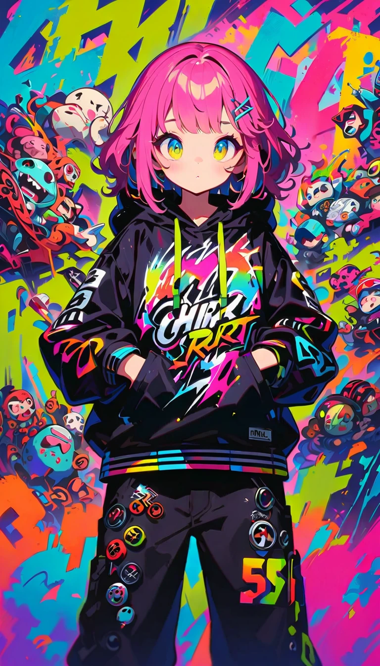 Style 5,Style 7,High resolution, (Best details) (highest quality), Wearing an oversized hoodie、Alfie man walking with hands in pockets, (((Graffiti art))), (((Trigger Studio style, Graffiti art, Rock punk, Neon color))), Karn Griffiths
