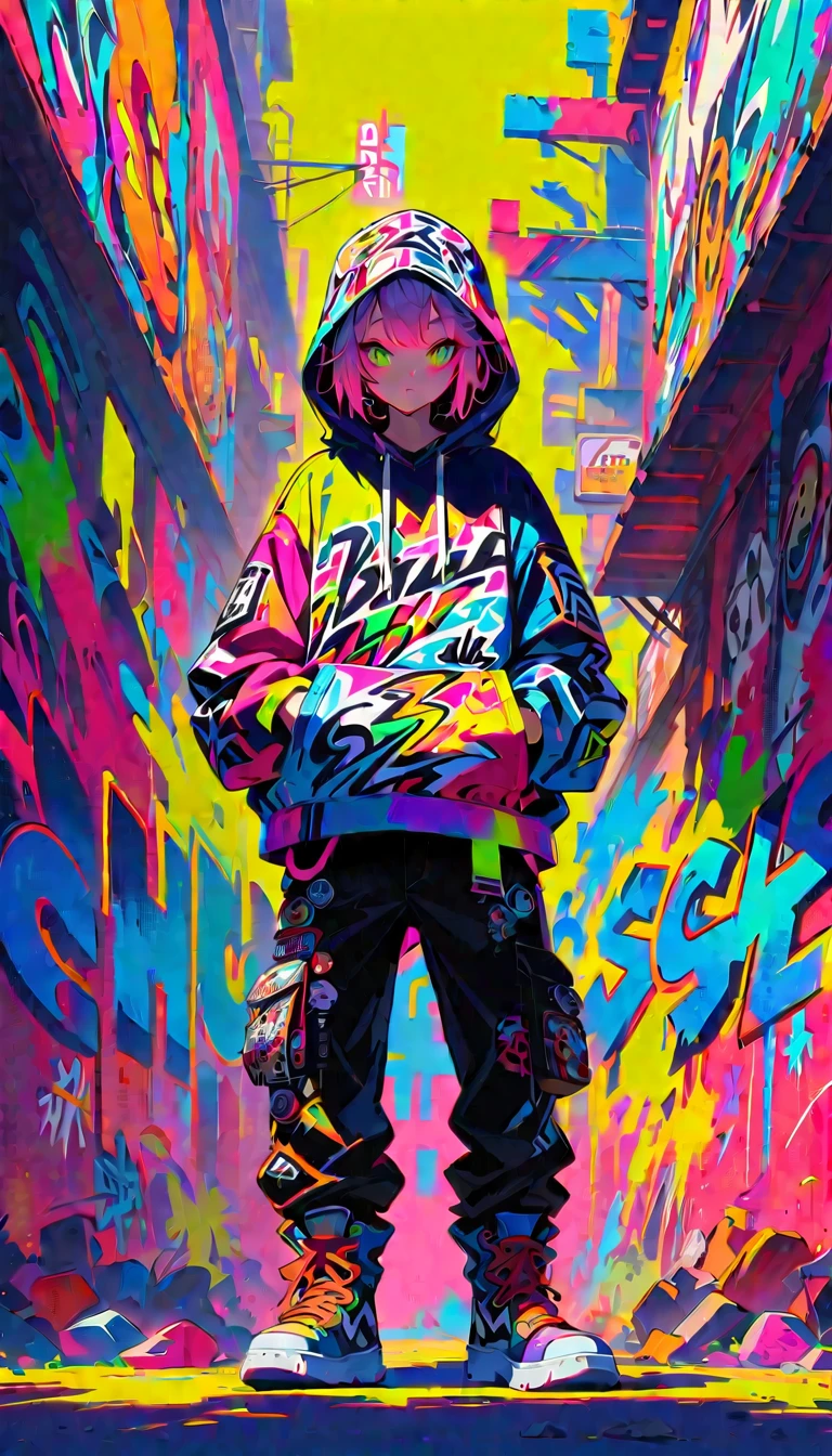 Style 5,Style 7,High resolution, (Best details) (highest quality), Wearing an oversized hoodie、Alfie man walking with hands in pockets, (((Graffiti art))), (((Trigger Studio style, Graffiti art, Rock punk, Neon color))), Karn Griffiths