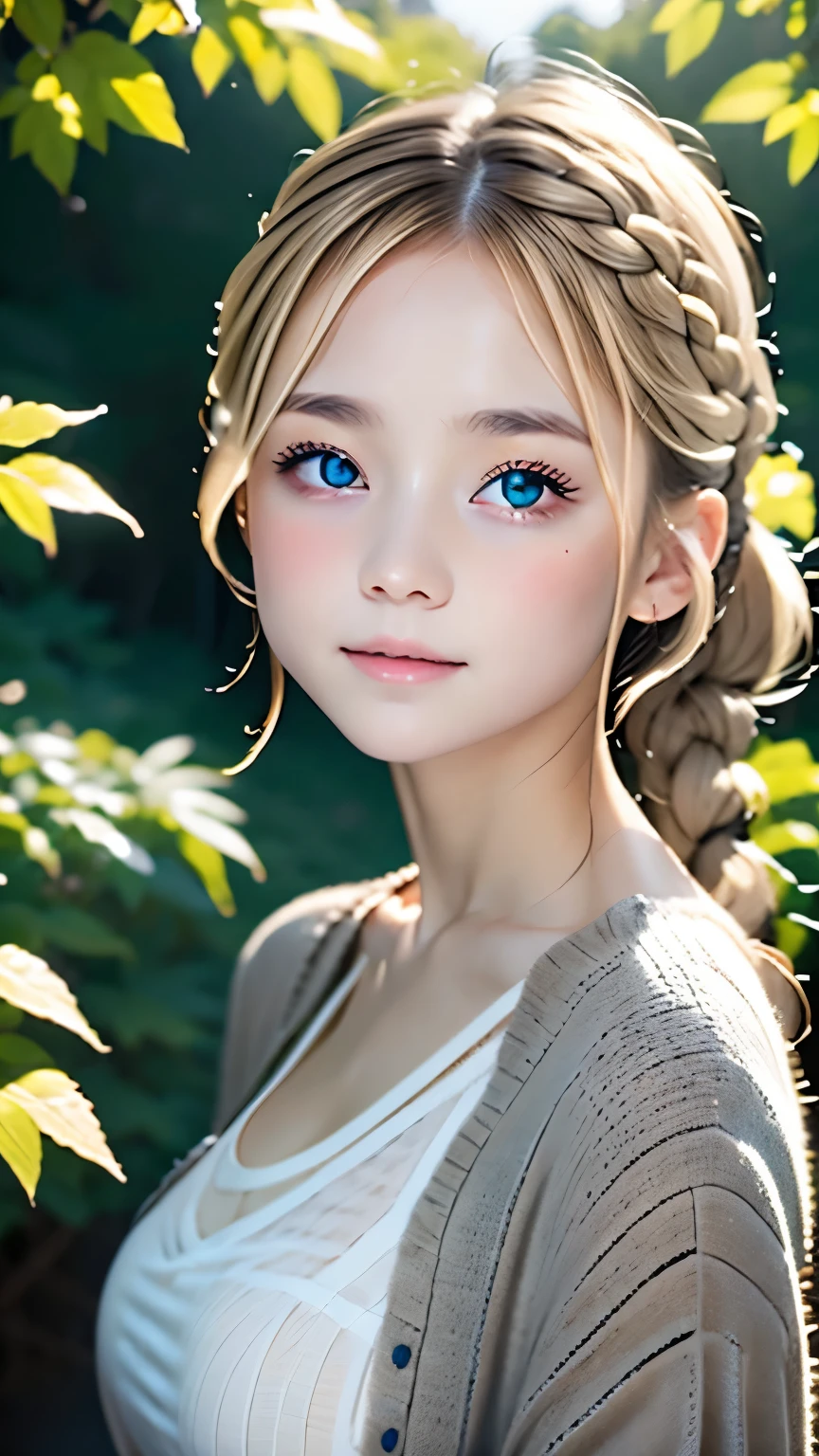 One Woman、Cute face、Also々New Expressions、Japanese、Attractive eyes、Cream colored hair、French Braid、18-year-old、Grey Eyes、Camisole dress、Blue outerwear、Outdoor、Alsoとした佇まい、