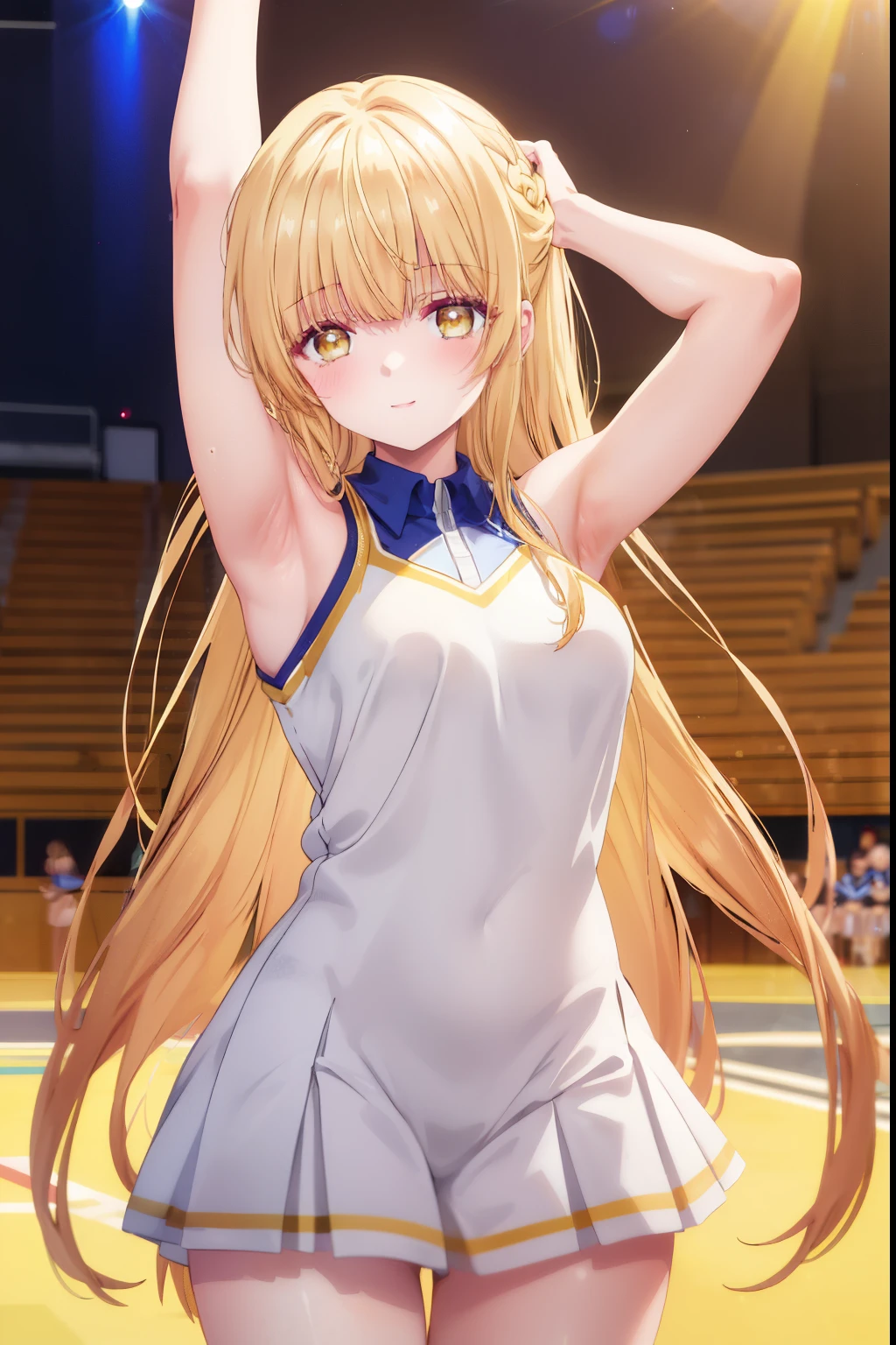 Mahiru shiina, , blonde, (Yellow Eyes:1.3)、Braided long hair,,blush,smile,Captivating thighs、Beautiful bare legs, Sideways armpit、Wearing cheerleading uniform、Sexy Cheerleader、dancing
（masterpiece:1.2), highest quality, High resolution, unity 8k wallpaper, (shape:0.8), (Beautiful and beautiful eyes:1.6), Highly detailed face, Perfect lighting, Highly detailed CG, (Perfect hands, Perfect Anatomy),