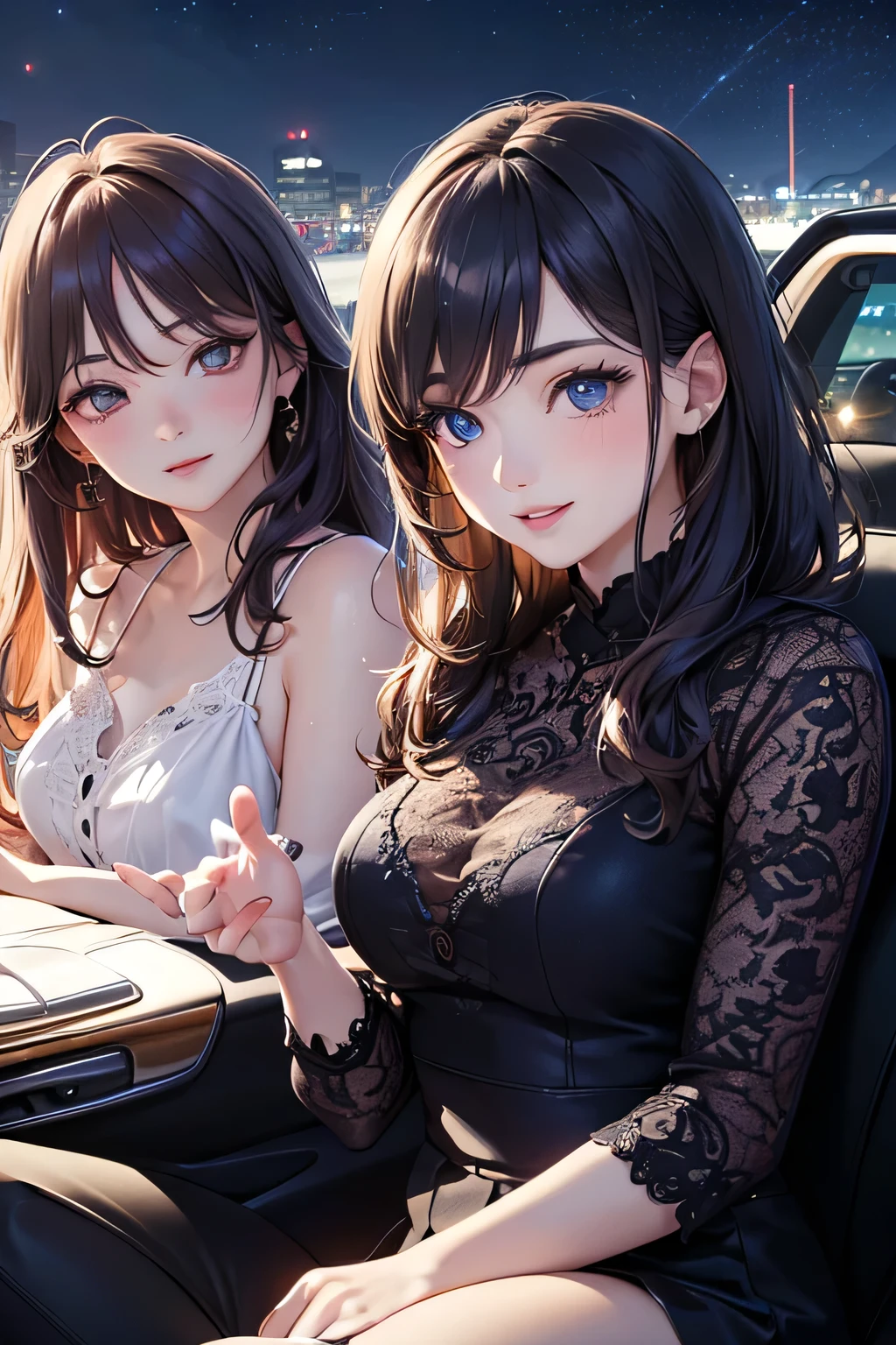 highest quality、High resolution、Detailed Background、(Beautiful face in every detail:1.4)、Anatomically correct、(Detailed facial expressions)、(Detailed eyes:1.2)、(Detailed eyes:1.2)、Beautiful women in their 20s、(Highly detailed face:1.4)、well-groomed eyebrows、Cute Eye Makeup、Cute Lip Makeup、Cute clothes with little exposure、Parking area at dawn、
(Two beautiful women laughing while sitting in an open car with a beautiful night view in the background:1.5)