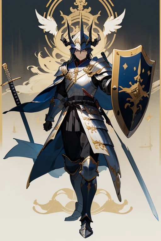 ((highest quality)), ((masterpiece)), (Familiar), One man,Fantasy,((black騎士)),Full Body Armor,(Armor),Two-horned helmet,((blackい甲冑)),大sword,((blackい鎧)),Golden decoration,White pattern,sword,Cape,shield,black,Full Face Helmets