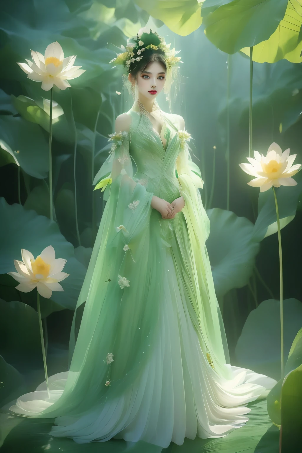 An enchanting humanoid-style plant creature in full bloom, standing upright. It has an overall green body color, with a flower-like structures sprouting around its head. The head is adorned with leaf-like extensions fashioned like a headband. It flaunts a skirt-like structure at its lower half resembling petals of a flower, the array of colors ranges from light green to dark green. Its arms, delicate and slim, end in leafy shapes instead of hands. It also exhibits a pair of oval shaped deep red eyes full of expression adding to its captivating aura.