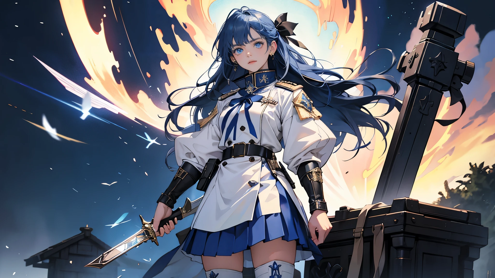 masterpiece, ultra detailed, 8k portrait, RAW photo, portrait photography, highly detailed face, beautiful and meticulous eyes, dark blue hair, long hair, blue eyes, white hair ribbon, blue military uniform, blue pleats mini skirt, white chest armor, white tights, half boots, standing, (equip a beam sabel:1.5), by the old castle, in mid night,