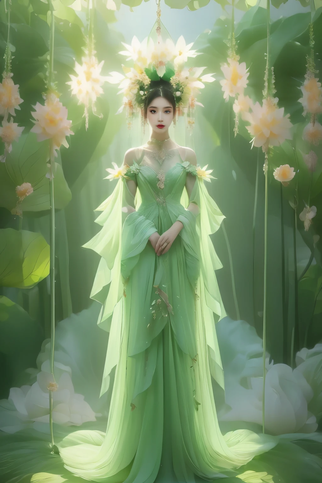 An enchanting humanoid-style plant creature in full bloom, standing upright. It has an overall green body color, with a flower-like structures sprouting around its head. The head is adorned with leaf-like extensions fashioned like a headband. It flaunts a skirt-like structure at its lower half resembling petals of a flower, the array of colors ranges from light green to dark green. Its arms, delicate and slim, end in leafy shapes instead of hands. It also exhibits a pair of oval shaped deep red eyes full of expression adding to its captivating aura.