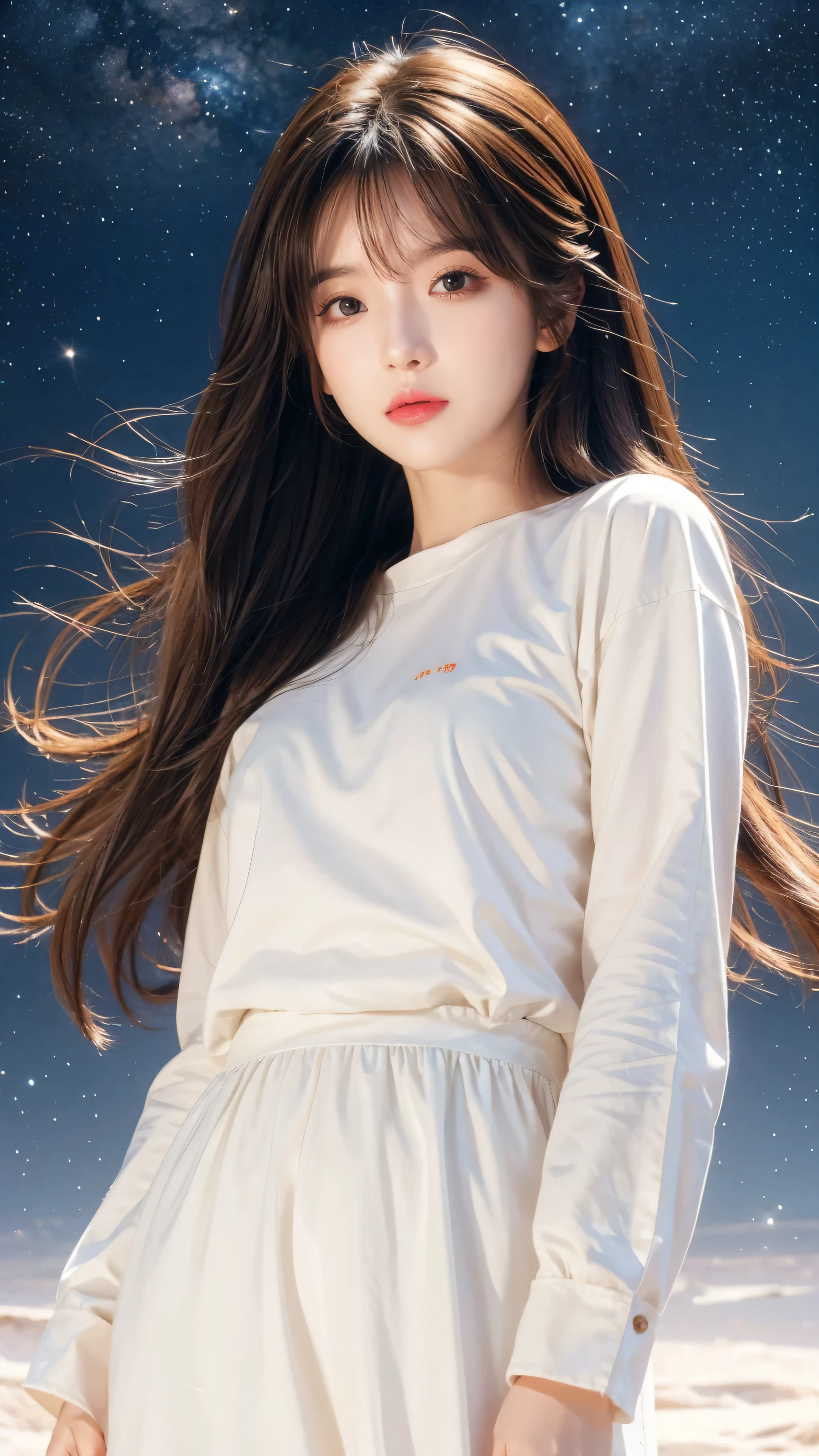 girl, Brown hair, Orange eyes, Arms Crossed, In the center of the universe, ((anime style)), White shirt, Soft colors, Color Background, Space Background, Soft brushstrokes