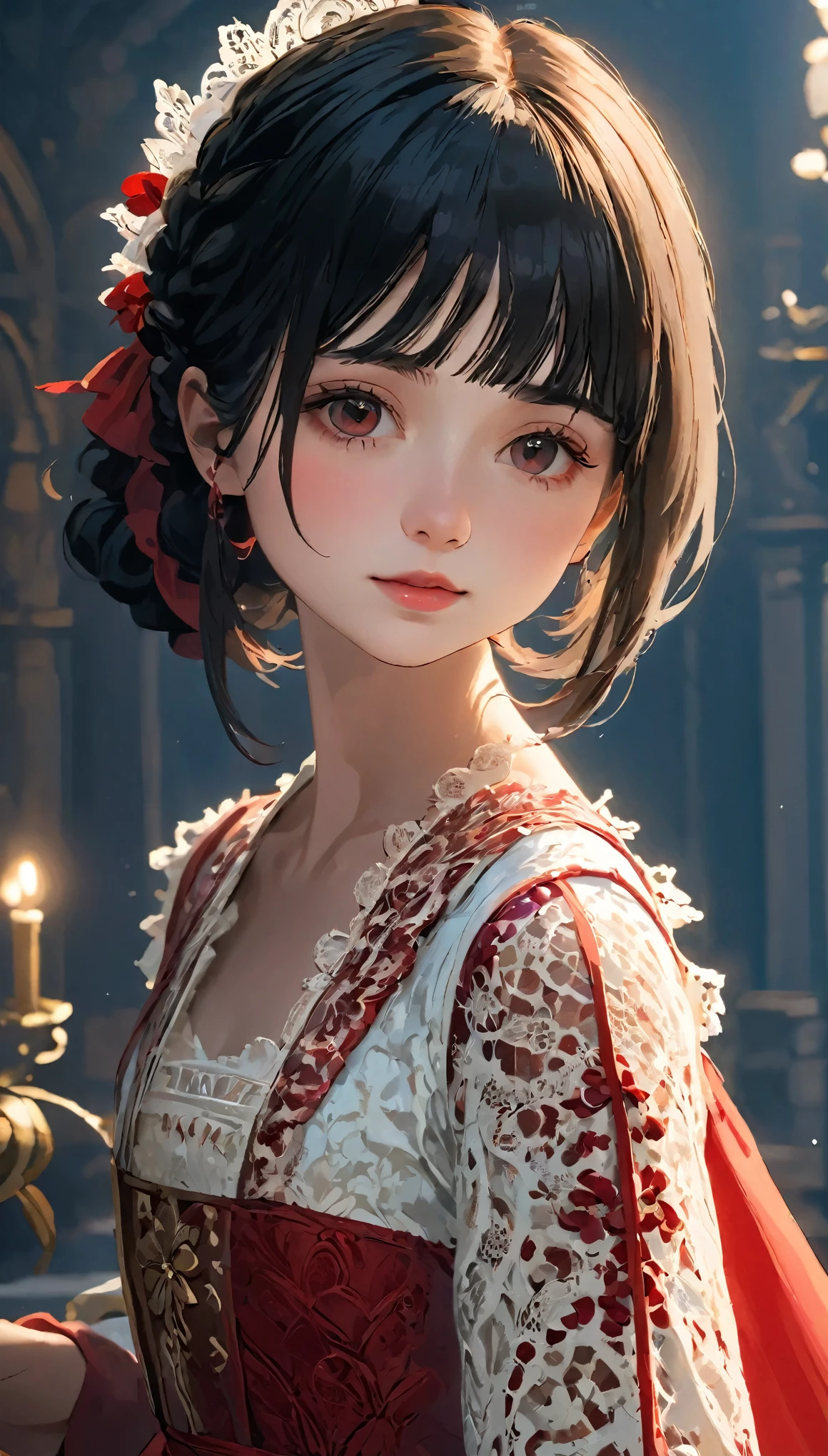 Female Adventurer, whole body, Game Art Style, (masterpiece), highest quality, High resolution, 4K, 8k, Detail View, Intricate details, Cinema Lighting, Great quality, 1 girl、Elegant red and white lace style dress、A red and white line dress made of intricate and artistic lace、Pretty dress、Super Luxury Dresses、Beautiful black hair, Great shade, Soft lighting, Facing camera, Perfect Eyes