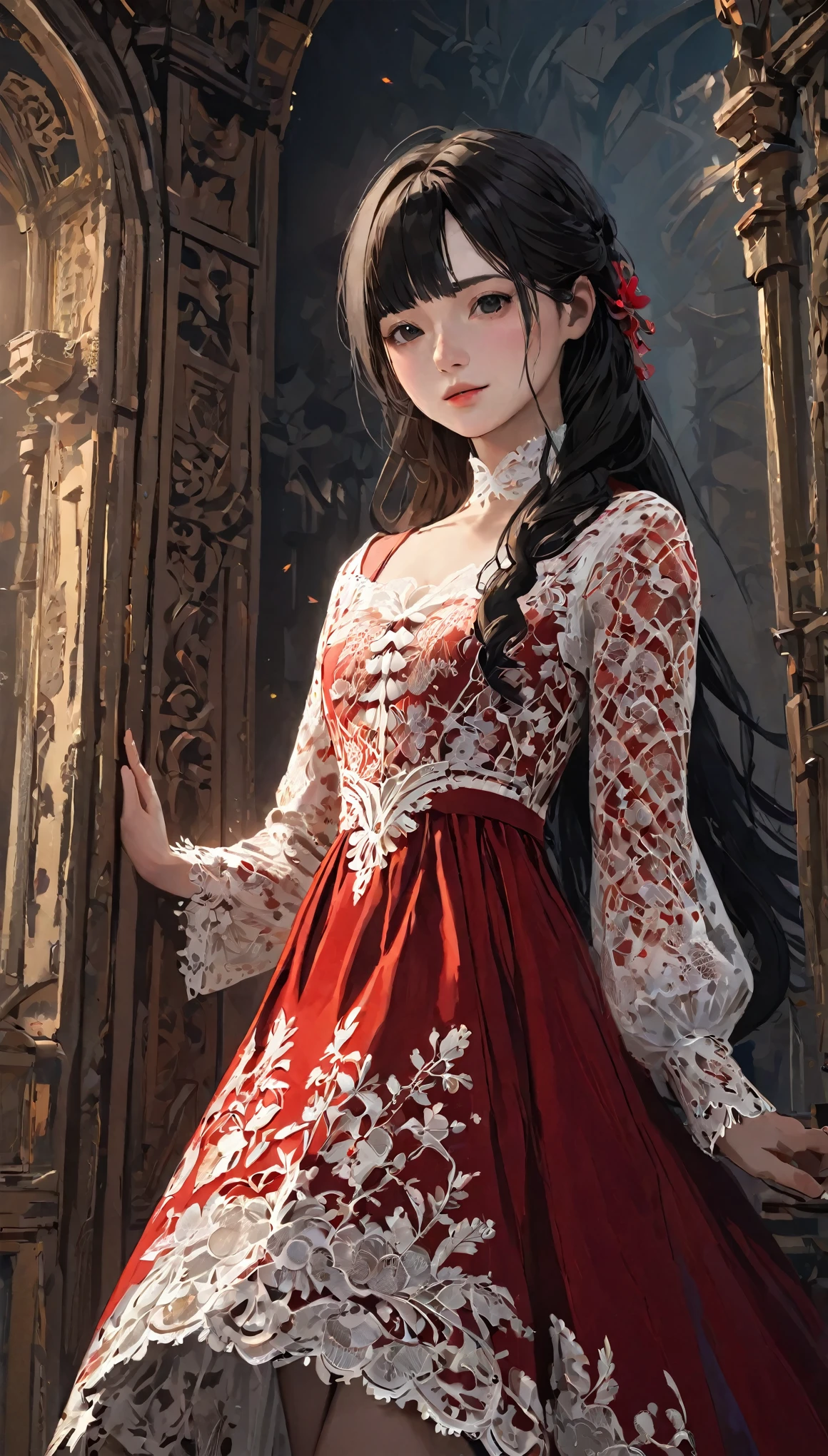 Female Adventurer, whole body, Game Art Style, (masterpiece),  highest quality, High resolution, 4K, 8k, Detail View, Intricate details, Cinema Lighting, Great quality, 1 girl、Elegant red and white lace style dress、A red and white line dress made of intricate and artistic lace、Pretty dress、Super Luxury Dresses、Beautiful black hair, Great shade, Soft lighting, Facing camera, Perfect Eyes