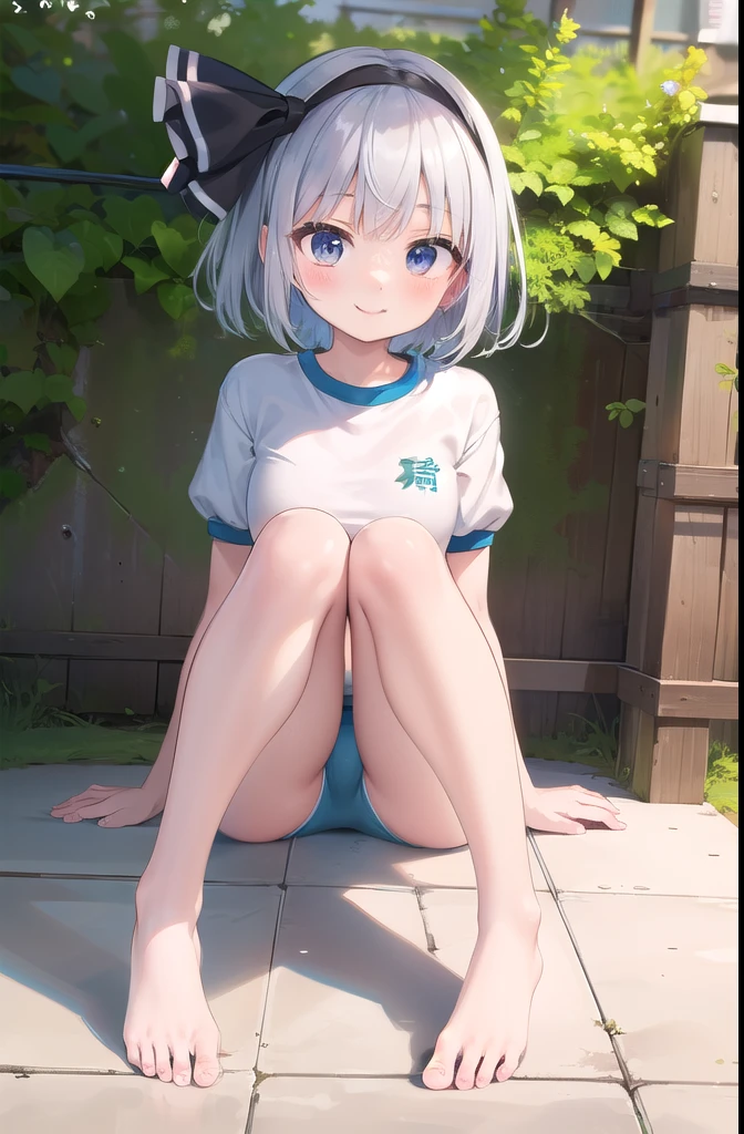 (((((whole body)))))、Youmu, Very cute gym clothes 、smile,、Cowboy Shot、Sitting, Leg spread、between legs、barefoot、