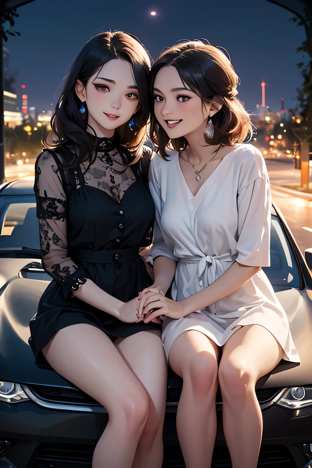 highest quality、High resolution、Detailed Background、(Beautiful face in every detail:1.4)、Anatomically correct、(Detailed facial expressions)、(Detailed eyes:1.2)、(Detailed eyes:1.2)、Beautiful women in their 20s、(Highly detailed face:1.4)、well-groomed eyebrows、Cute Eye Makeup、Cute Lip Makeup、Cute clothes with little exposure、Parking area at dawn、
(Two beautiful women laughing while sitting in an open car with a beautiful night view in the background:1.5)