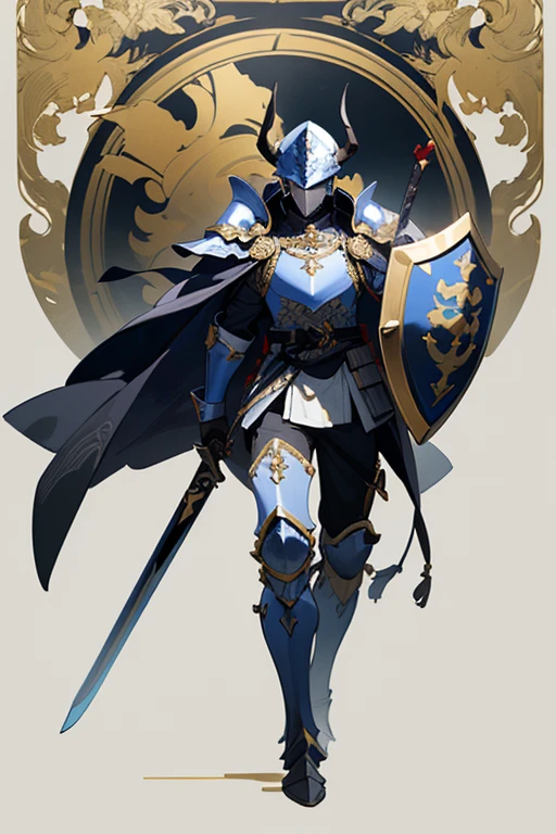 ((highest quality)), ((masterpiece)), (Familiar), One man,Fantasy,((black騎士)),Full Body Armor,(Armor),Two-horned helmet,((blackい甲冑)),大sword,((blackい鎧)),Golden decoration,White pattern,sword,Cape,shield,black,Faceless helmet