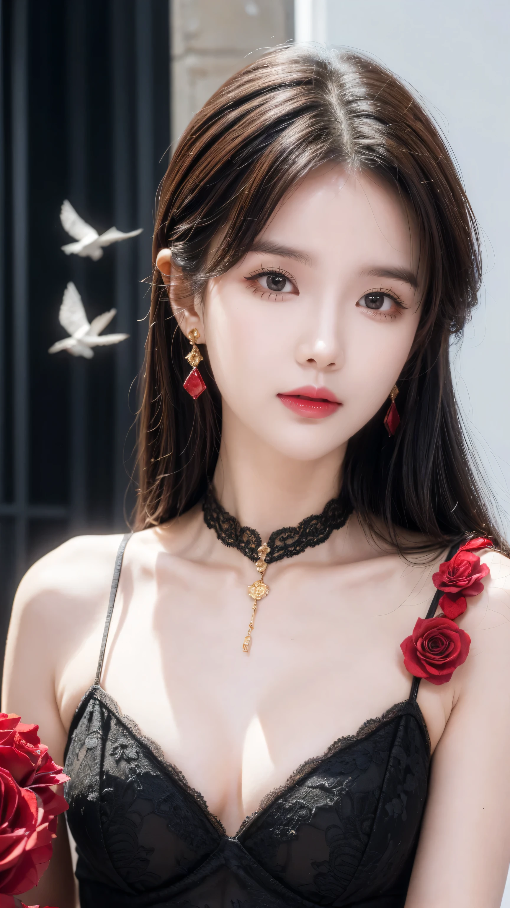 8k, original photo, Fujifilm, Stylized photo of a beautiful 45-year-old woman, square face, There is a red rose on the neck, Wearing a black lace dress with red, Gold earrings, As powerful as a spinning dove, (Very delicate skin: 1.2), Medium brown hair with light, Film Grain, 35 mm, Cute style