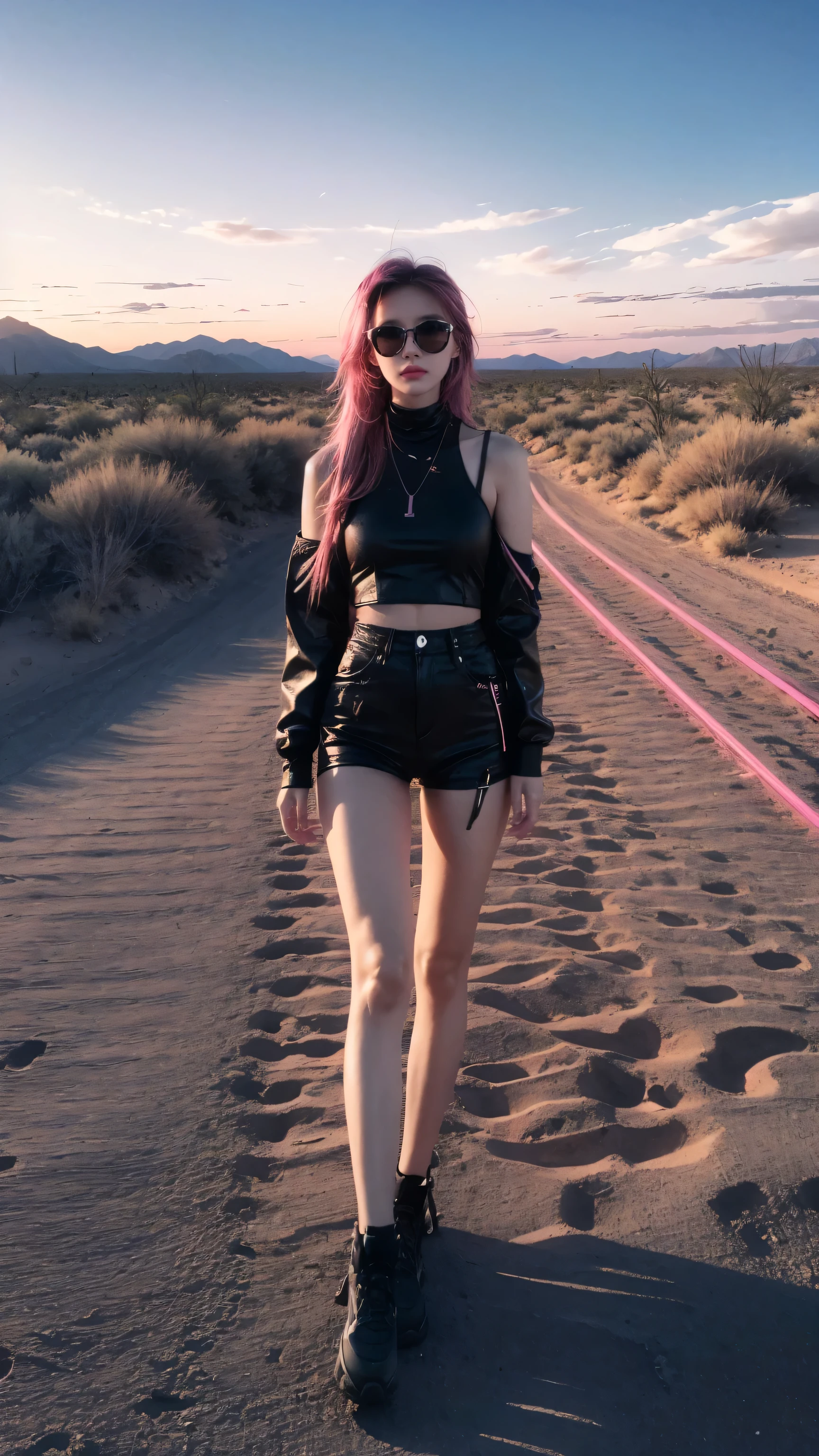 Sunset and pink lines in the desert,Featuring an ominous monochromatic art style,Felicia Simon,Digital art technology light black and magenta,tumblewavelight black and orange--q2--s750--v 5.