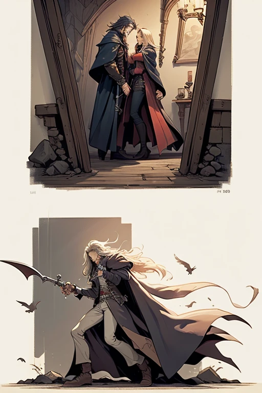 Develop an image depicting Alucard, the protagonist of Castlevania: Symphony of the Night, in a lateralized pose, showcasing his entire body. The image should convey the character's dark duality, inviting the viewer to delve into his mind and experiences. Alucard is portrayed amidst a gothic and mysterious environment, with details that emphasize the consequences of his cursed heritage. Show Alucard wielding a variety of weapons and magic. Describe reflections on his own identity and purpose. Create an immersive atmosphere filled with mysteries, capturing the gothic and dark world of Dracula's Castle. Capture the complexity of Alucard's character, his internal motivations, and the evolution of his journey. Leave room for surprising twists and emotional moments that define this iconic figure. Transport viewers into the world of Castlevania: Symphony of the Night, allowing them to explore the rich psychology and adventures of this captivating character.