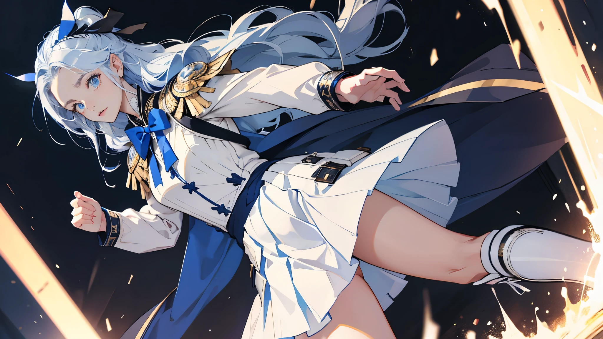 masterpiece, ultra detailed, 8k portrait, RAW photo, portrait photography, highly detailed face, beautiful and meticulous eyes, dark blue hair, long hair, blue eyes, white hair ribbon, blue military uniform, blue pleats mini skirt, white chest armor, white tights, half boots, standing, (equip a beam sabel:1.5), by the old castle, in mid night,