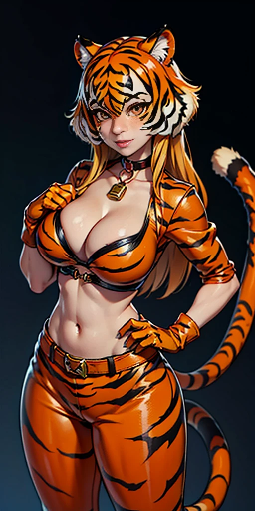 (Masterpiece, plain background) 1solo Roxanne tiger print mask, animal tiger outfit, leather collar choker neck bell, cleavage, large breasts, looking at viewer, navel, neck bell 🔔 (paw gloves like hands= paws on hands, paws on hips, tiger tail, tiger fluffy ears)