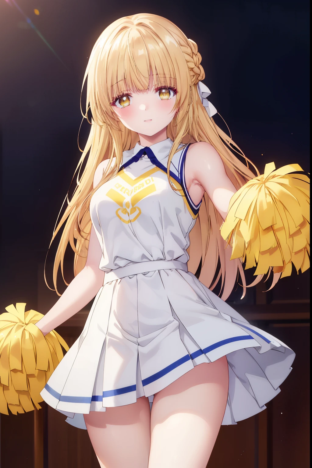 Mahiru shiina, , blonde, (Yellow Eyes:1.3)、Braided long hair,,blush,smile,Captivating thighs、Beautiful bare legs, Sideways armpit、Wearing cheerleading uniform、Sexy Cheerleader、dancing、Cheerleading Costumes、Holding cheer pom-poms
(masterpiece:1.2), highest quality, High resolution, unity 8k wallpaper, (shape:0.8), (Beautiful and beautiful eyes:1.6), Highly detailed face, Perfect lighting, Highly detailed CG, (Perfect hands, Perfect Anatomy),