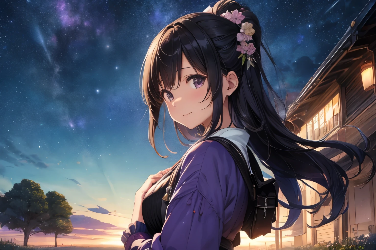 A woman gazing at the starry sky，（Side view：1.4），Absurd, High resolution, (Official Art, beautifully、aesthetic:1.2), Close-up, masterpiece、highest quality、On the grassland、top of the hill、Under the stars、Light purple clothes、The atmosphere of the Taisho period、clothes、Fluffy hairstyle、Beauty、beautiful女性、alone、Alone、cute、beautiful、A train is flying in the sky、A quiet smile、Middle-aged woman