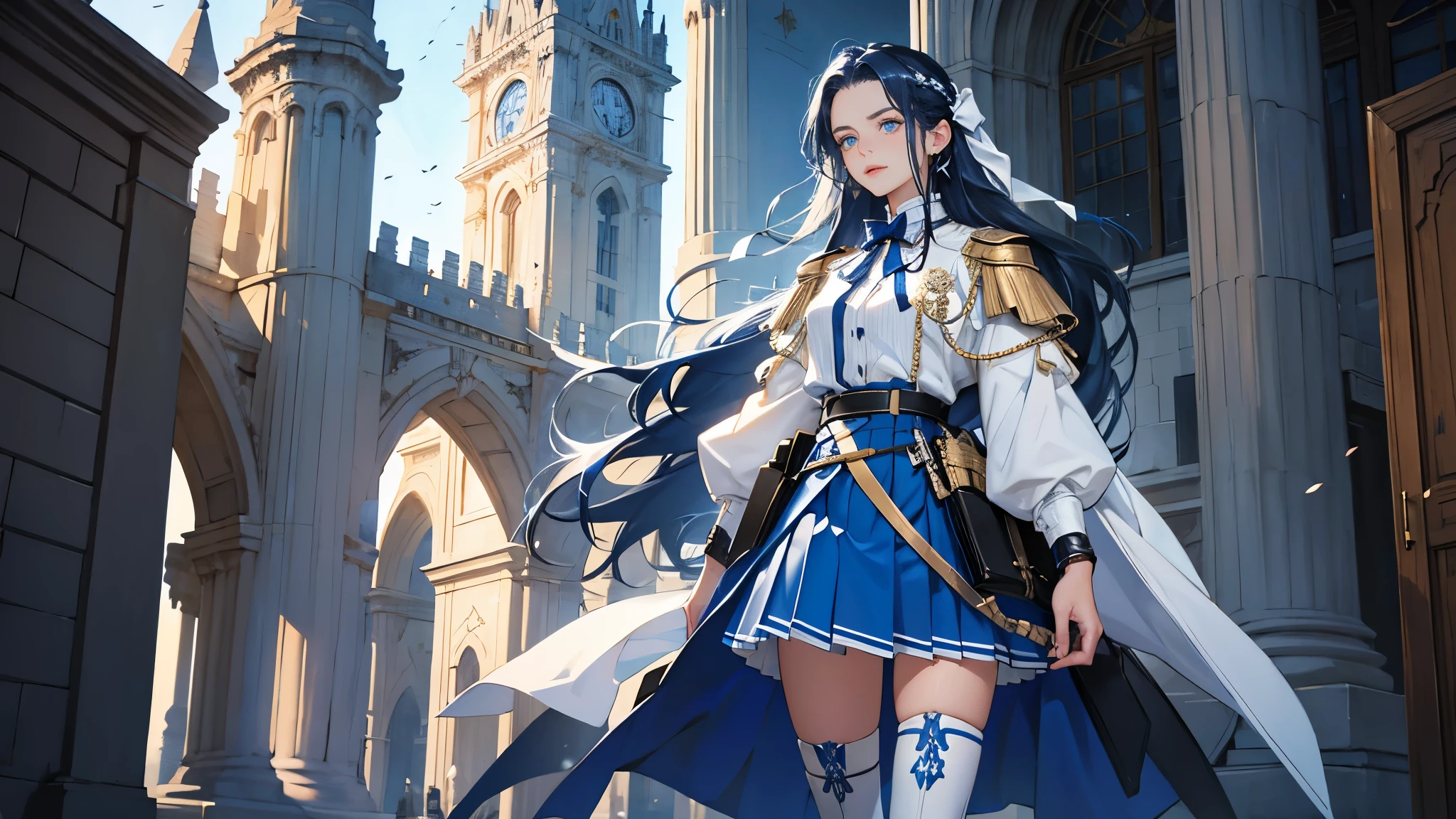 masterpiece, ultra detailed, 8k portrait, RAW photo, portrait photography, highly detailed face, beautiful and meticulous eyes, dark blue hair, long hair, blue eyes, white hair ribbon, blue military uniform, blue pleats mini skirt, white chest armor, white tights, half boots, standing, (equip a beam sabel:1.5), by the old castle, in mid night,