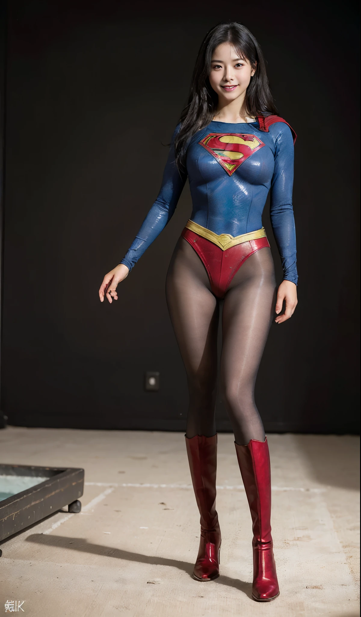 No background、(((Beautiful legs in black tights.)))、(((Legally express the beauty of your smile)))、((((Make the most of your original images)))、(((Supergirl Costume)))、(((Beautiful Hair)))、(((Smiling and winking)))、(((Please wear black tights....、Wear red boots)))、((Best image quality、8k))、((highest quality、8k、masterpiece:1.3))、(((Preserve background )))、Sharp focus:1.2、Beautiful woman with perfect figure:1.4、Slim Abs:1.2、Wet body:1.5、Highly detailed face and skin texture、8k