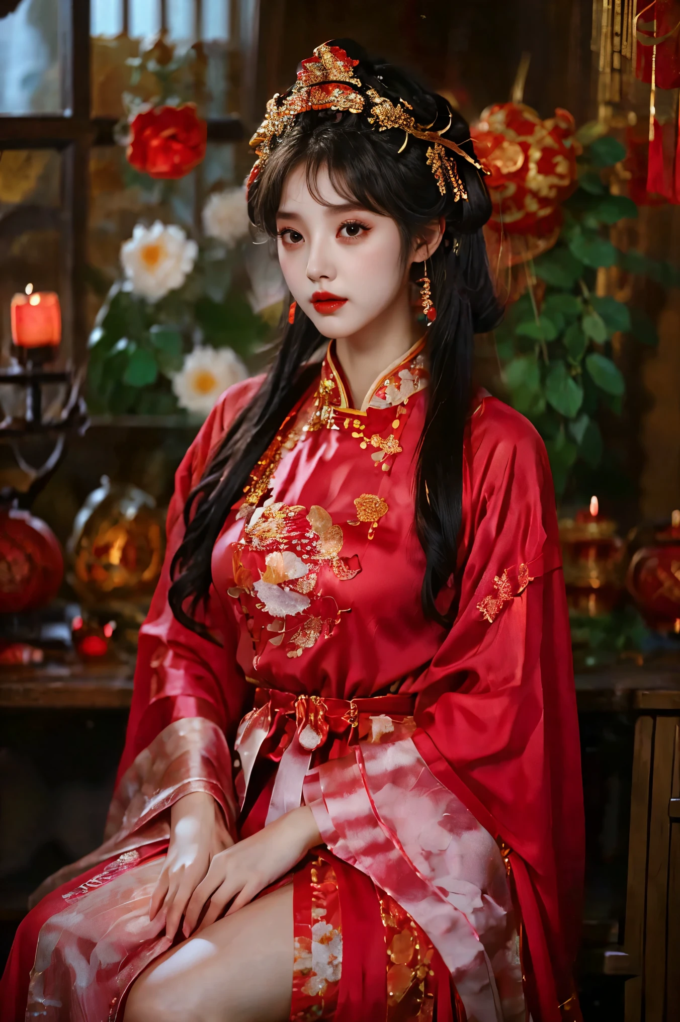 1girl，20 years old，center，Black long hair，Red lips，Perfect thighs，Chinese Queen，Gold embroidery clothing，Red cheongsam，Lace，Red cape，(Look into the camera:1.5)，stand up，night，Wooden pavilion，Chinese Palace，Front view，curls，Hair flying，Gloomy sky, beautiful right eye pupil，(Very delicate and beautiful Korean female facial features)，(Beautiful and detailed description of eyes) ，masterpiece，High detail CG Unity 8k wallpaper，Best picture quality，Movie Lighting，Detailed background