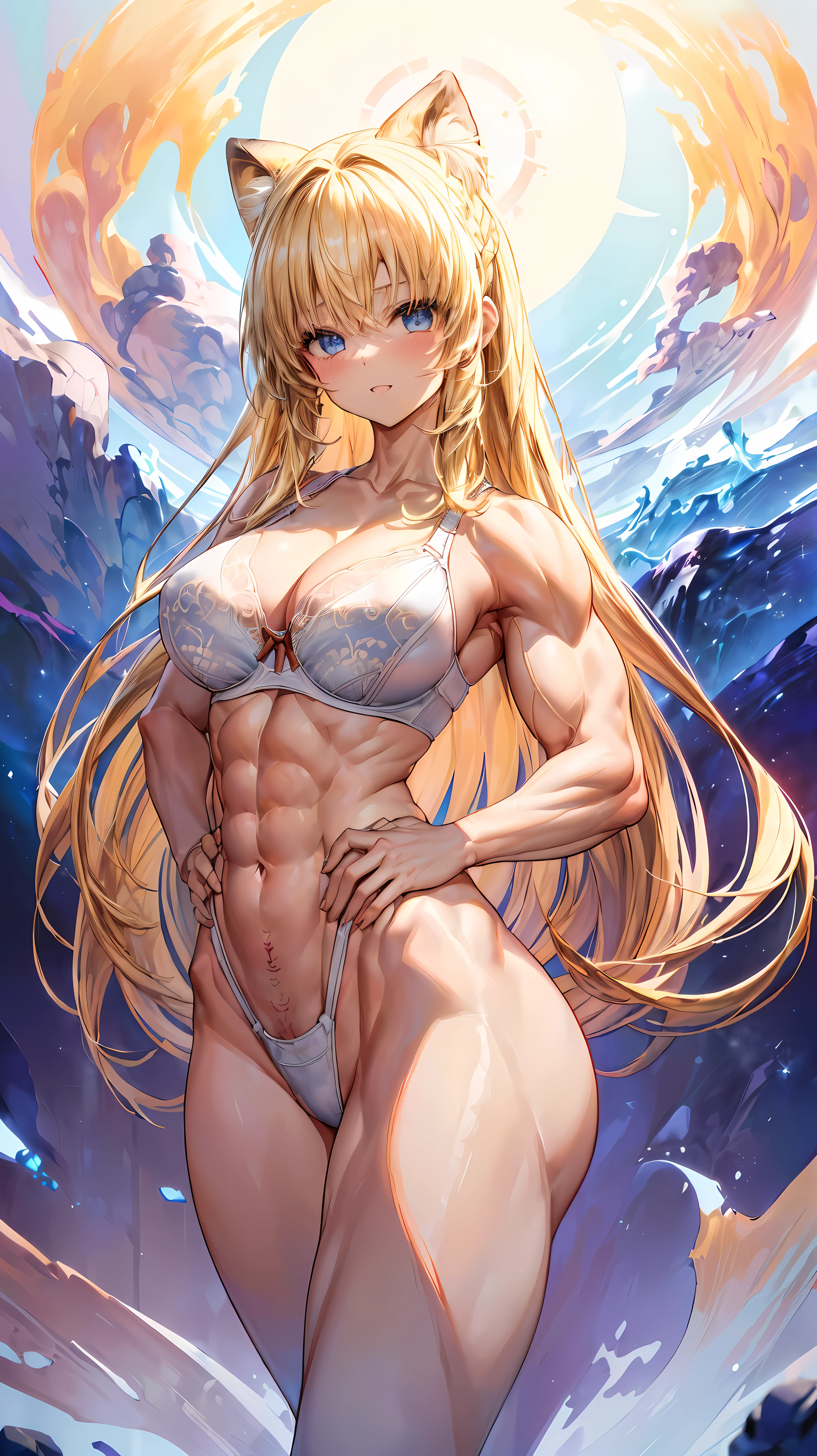 Very detailed、highest quality、Best image quality、masterpiece、8k、Anime Face、A kind smile、(Open your mouth:1.3)、Sparkling blue eyes、(Blonde semi-long hair:1.5)、(Muscles of the whole body:1.3)、(highleg:2.0)、Thigh belt、(Cowboy Shot:1.5)、(SFW Giant)、(Thick body:1.2)、(bra:1.5)、(sxspnts)、(Hands on hips:1.1)