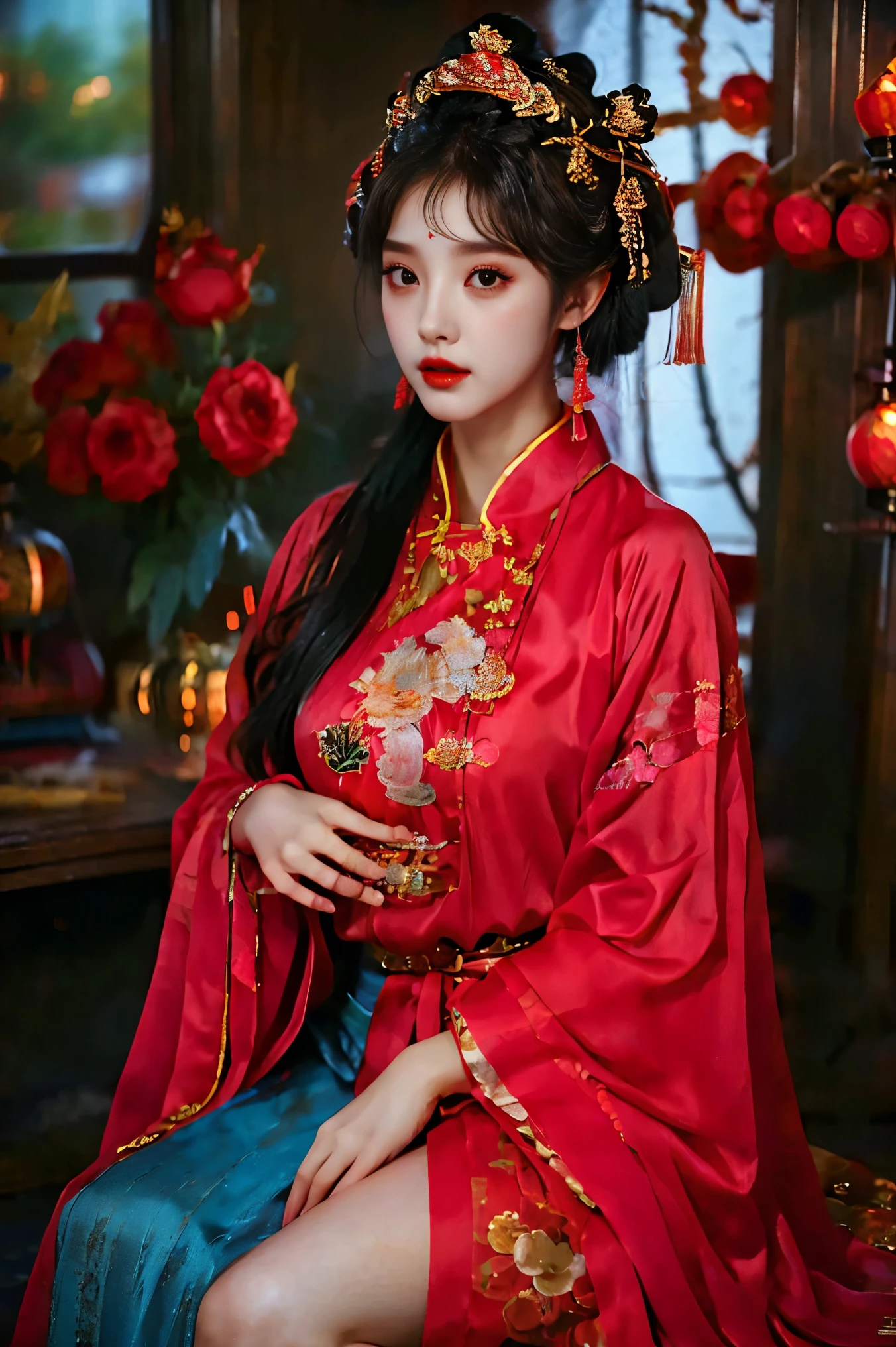 1girl，20 years old，center，Black long hair，Red lips，Perfect thighs，Chinese Queen，Gold embroidery clothing，Red cheongsam，Lace，Red cape，(Look into the camera:1.5)，stand up，night，Wooden pavilion，Chinese Palace，Front view，curls，Hair flying，Gloomy sky, beautiful right eye pupil，(Very delicate and beautiful Korean female facial features)，(Beautiful and detailed description of eyes) ，masterpiece，High detail CG Unity 8k wallpaper，Best picture quality，Movie Lighting，Detailed background