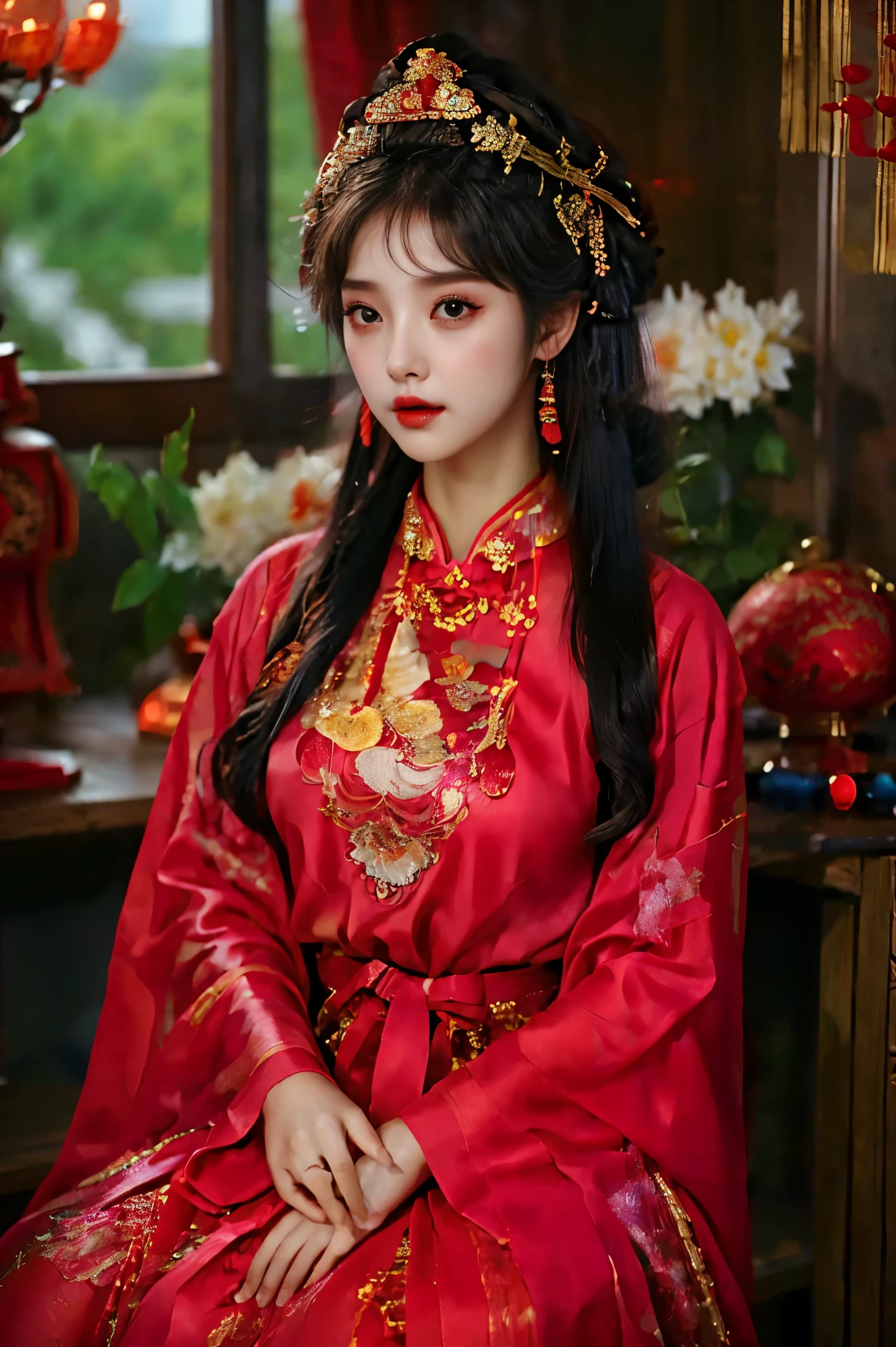 1girl，20 years old，center，Black long hair，Red lips，Perfect thighs，Chinese Queen，Gold embroidery clothing，Red cheongsam，Lace，Red cape，(Look into the camera:1.5)，stand up，night，Wooden pavilion，Chinese Palace，Front view，curls，Hair flying，Gloomy sky, beautiful right eye pupil，(Very delicate and beautiful Korean female facial features)，(Beautiful and detailed description of eyes) ，masterpiece，High detail CG Unity 8k wallpaper，Best picture quality，Movie Lighting，Detailed background