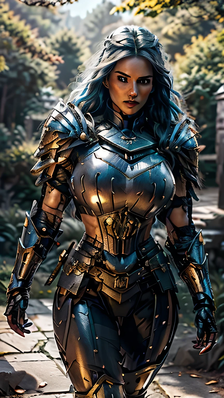 8K,asgard female warrior with very big breasts,Super beautiful(like the real thing),black very large chest armor,realistic skin,luxury black pants,Has a large, long black spear,sexy,muscular slim body,ripped abs,black shoulder armor,black waist armor,black leg armor,desert, rich colors, Backlight, cinematic lighting, film grain, RAW, 50mm lens,nikon D850,ultra high resolution,Super realistic,goddess,battle scene,action scene,action pose,shine a light on the face, long wavy blue hair, the Witcher, the Witcher armor, yennefer, running in the forest