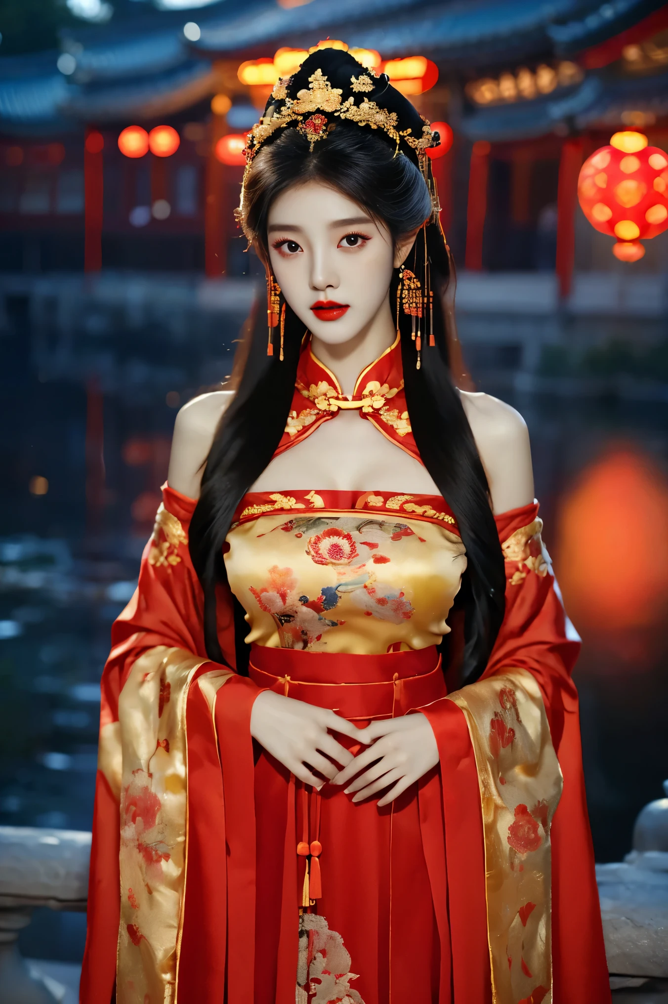 1girl, 20 years old, center, Black long hair, Red lips, Perfect thighs, Chinese Queen, Gold embroidery clothing, Red cheongsam, Lace, Red cape, Red embroidered shoes, (Look into the camera:1.5), stand up, night, Wooden pavilion, Chinese Palace, Front view, curls, Hair flying, Gloomy sky, beautiful right eye pupil, (Very delicate and beautiful Korean female facial features:1.3), (Beautiful and detailed description of eyes), Best picture quality, Movie Lighting, Detailed background, Surrealism, rococo style, Art Deco, dutch angle, masterpiece, UHD, masterpiece, ccurate, anatomically correct, textured skin, super detail, high details, award winning, best quality, 8k, gufeng