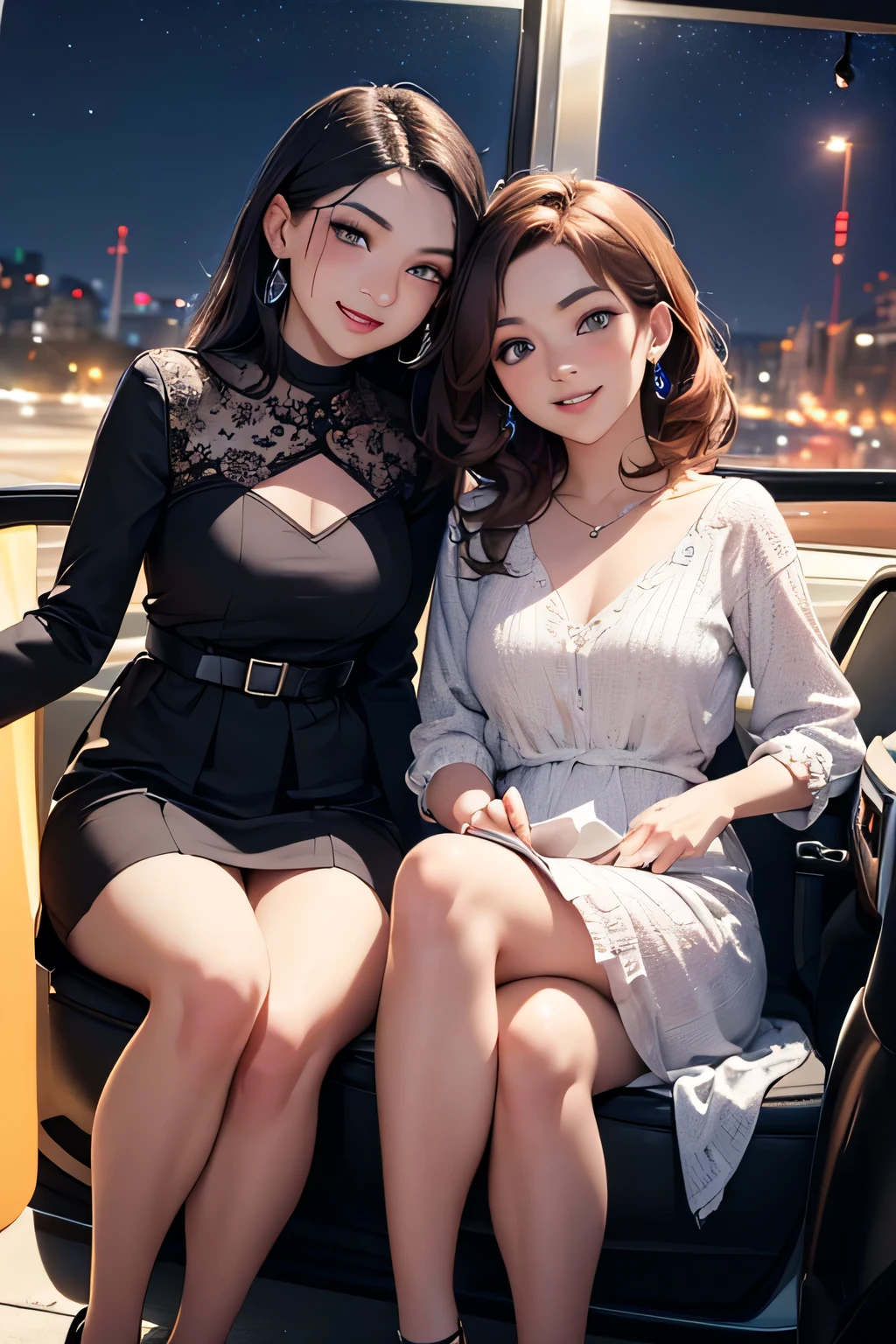 highest quality、High resolution、Detailed Background、(Beautiful face in every detail:1.4)、Anatomically correct、(Detailed facial expressions)、(Detailed eyes:1.2)、(Detailed eyes:1.2)、Beautiful women in their 20s、(Highly detailed face:1.4)、well-groomed eyebrows、Cute Eye Makeup、Cute Lip Makeup、Cute clothes with little exposure、Parking area at dawn、
(Two beautiful women laughing while sitting in an open car with a beautiful night view in the background:1.5)