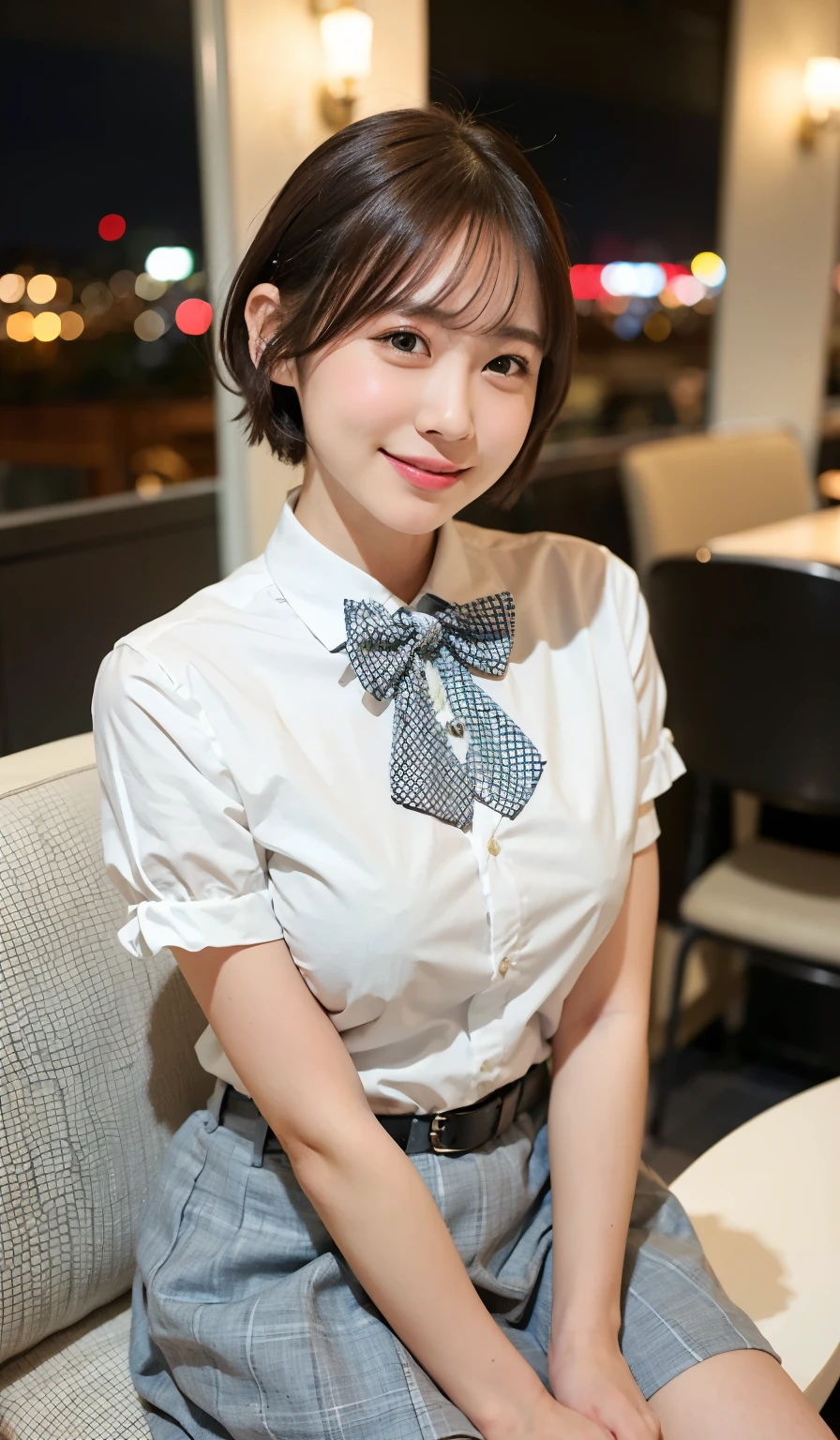 (8k, RAW photo, best quality, masterpiece:1.2), (realistic, photo-realistic:1.37), ultra-detailed,
1 girl,cute, solo,beautiful detailed sky,detailed cafe,night,sitting,dating,(nose blush),(smile:1.1),(closed mouth),large breasts, seductive smile, large aparture, professional lighting, Sony A7R4, Zessie 50mm F1.8,
medium breasts,beautiful detailed eyes,(collared shirt:1.1), bowtie,pleated skirt,(short hair:1.2),floating hair