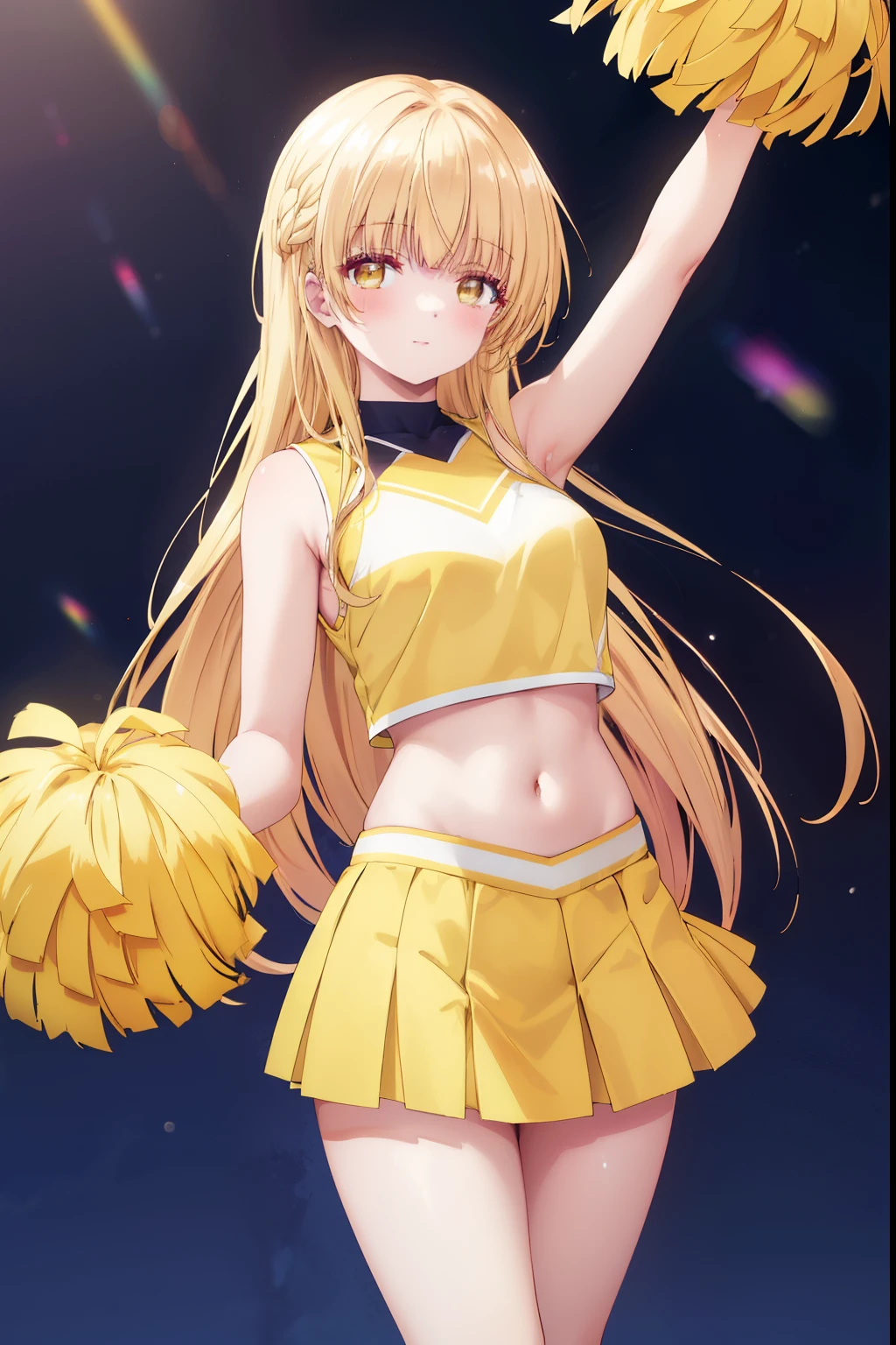 Mahiru shiina, , blonde, (Yellow Eyes:1.3)、Braided long hair,,blush,smile,Captivating thighs、Beautiful bare legs, Sideways armpit、Wearing cheerleading uniform、Sexy Cheerleader、dancing、Cheerleading Costumes、Holding cheer pom-poms
(masterpiece:1.2), highest quality, High resolution, unity 8k wallpaper, (shape:0.8), (Beautiful and beautiful eyes:1.6), Highly detailed face, Perfect lighting, Highly detailed CG, (Perfect hands, Perfect Anatomy),