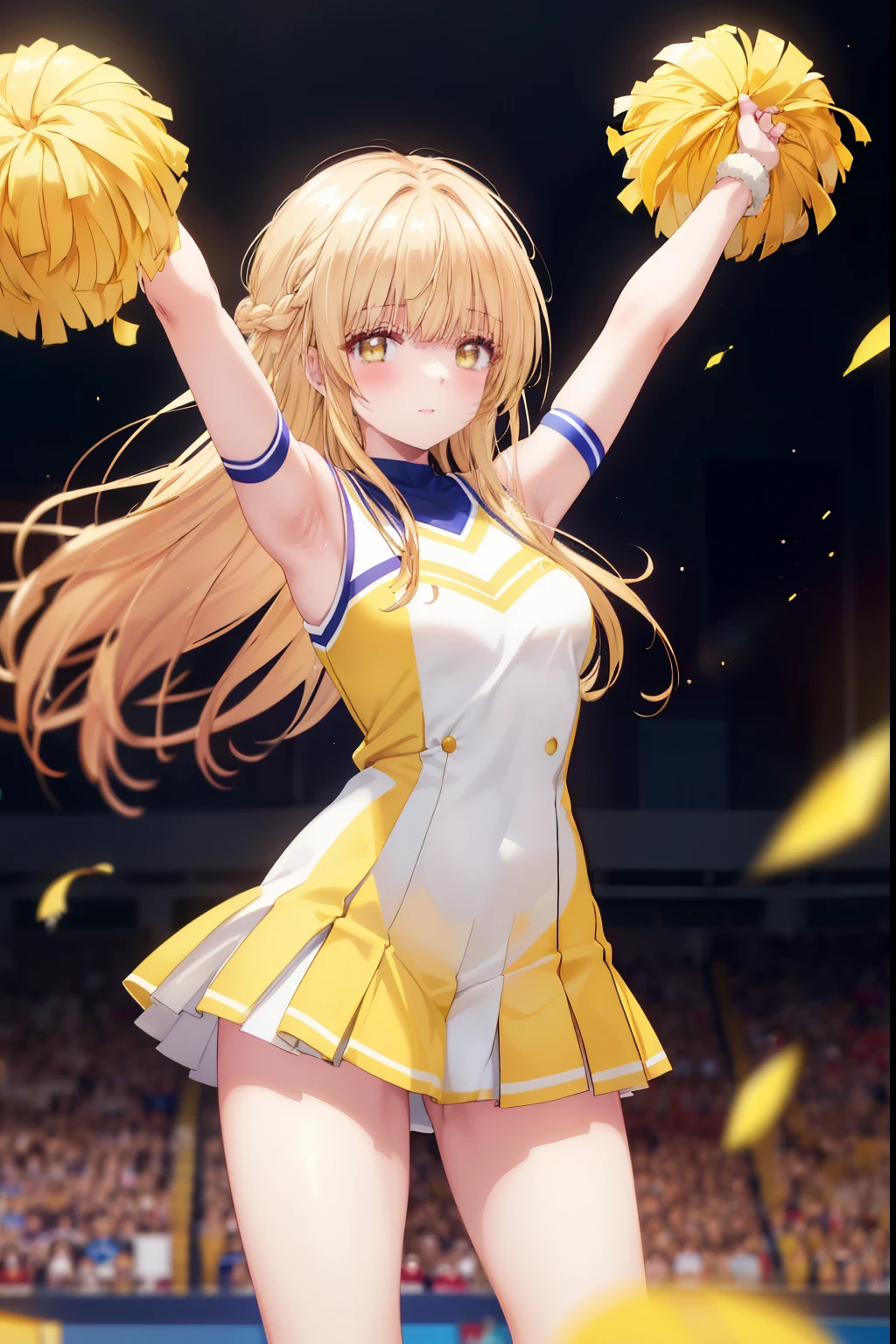 Mahiru shiina, , blonde, (Yellow Eyes:1.3)、Braided long hair,,blush,smile,Captivating thighs、Beautiful bare legs, Sideways armpit、Wearing cheerleading uniform、Sexy Cheerleader、dancing、Cheerleading Costumes、Holding cheer pom-poms
(masterpiece:1.2), highest quality, High resolution, unity 8k wallpaper, (shape:0.8), (Beautiful and beautiful eyes:1.6), Highly detailed face, Perfect lighting, Highly detailed CG, (Perfect hands, Perfect Anatomy),