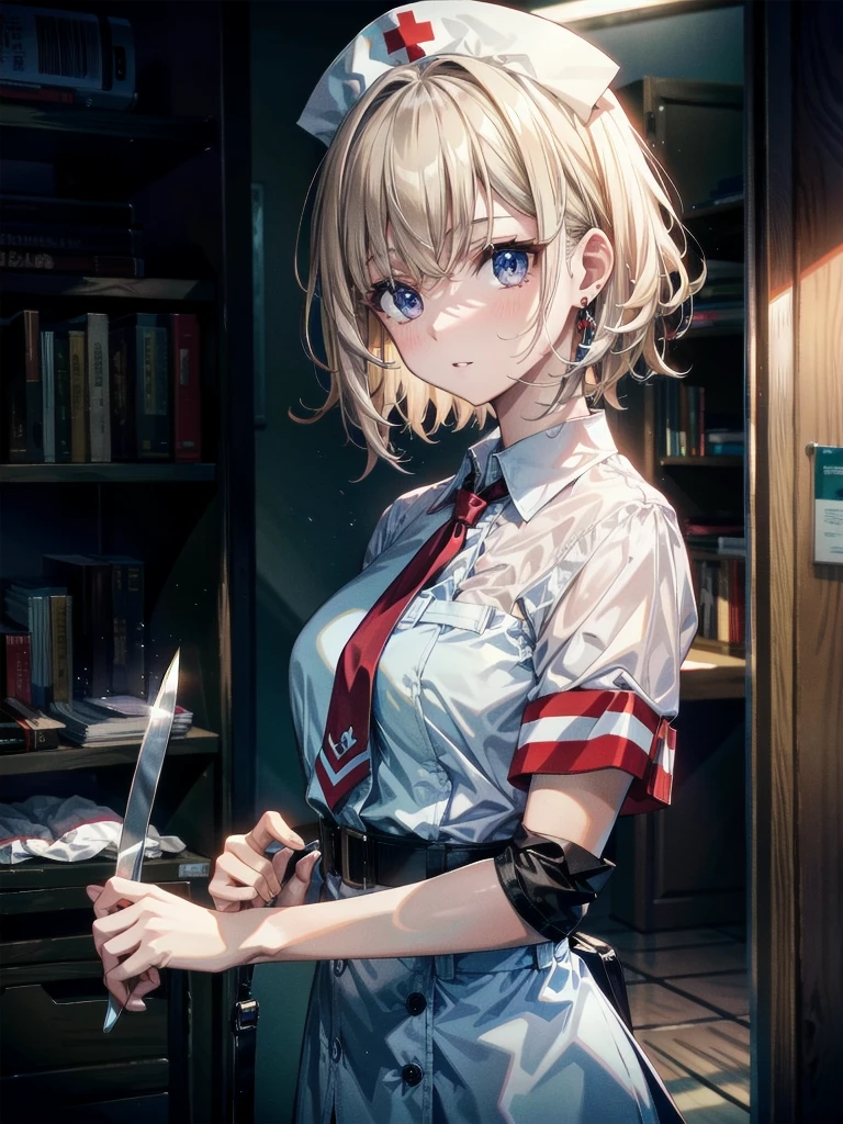whole body, blood, hospital, nurse uniform, have a knife, cadaver, desolation, anxiety, absurdres, RAW photo, extremely delicate and beautiful, masterpiece, Best Quality, ultra high resolution, 32k, hyperrealistic, ultra-detailed, detailed description, pale skin, 20 years old, tearful mole, earring, Colossal tits, short medium hair, wavy hair,