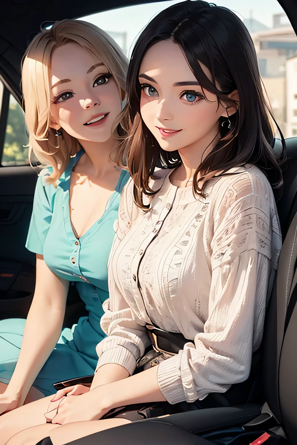 highest quality、High resolution、Detailed Background、(Beautiful face in every detail:1.4)、Anatomically correct、(Detailed facial expressions)、(Detailed eyes:1.2)、(Detailed eyes:1.2)、Beautiful women in their 20s、(Highly detailed face:1.4)、well-groomed eyebrows、Cute Eye Makeup、Cute Lip Makeup、Cute clothes with little exposure、Parking area at dawn、
(Two beautiful women laughing while sitting in an open car with a beautiful dawn in the background:1.5)