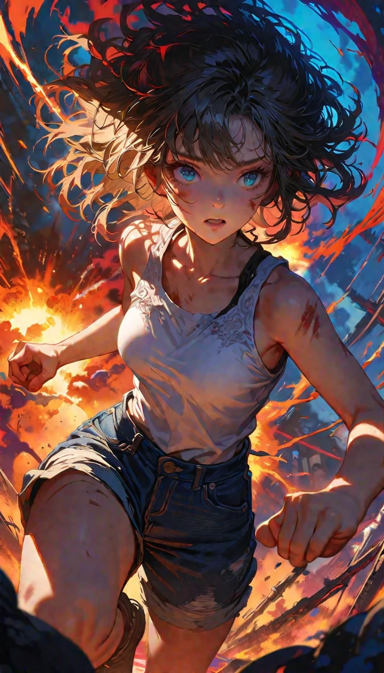 1 boy, ((super detailed, high resolution, super detailed, top quality, amazing, top quality, highly detailed CG Unity 8k wallpaper, cinematic lighting)), pov, (full body), A pretty girl is on the battlefield where the survival of humanity hangs in the balance. She is wearing a white tank top and denim hot pants. Her eyes are red. She is engaged in a dynamic battle. There are explosion marks all around her and the girl is fighting bravely on her own. Her body is moving, depicting a dynamic and powerful scene. She seems to be ready to move at any moment, jumping, fighting in the air, and dodging her opponent's attacks. Cool and stylish.