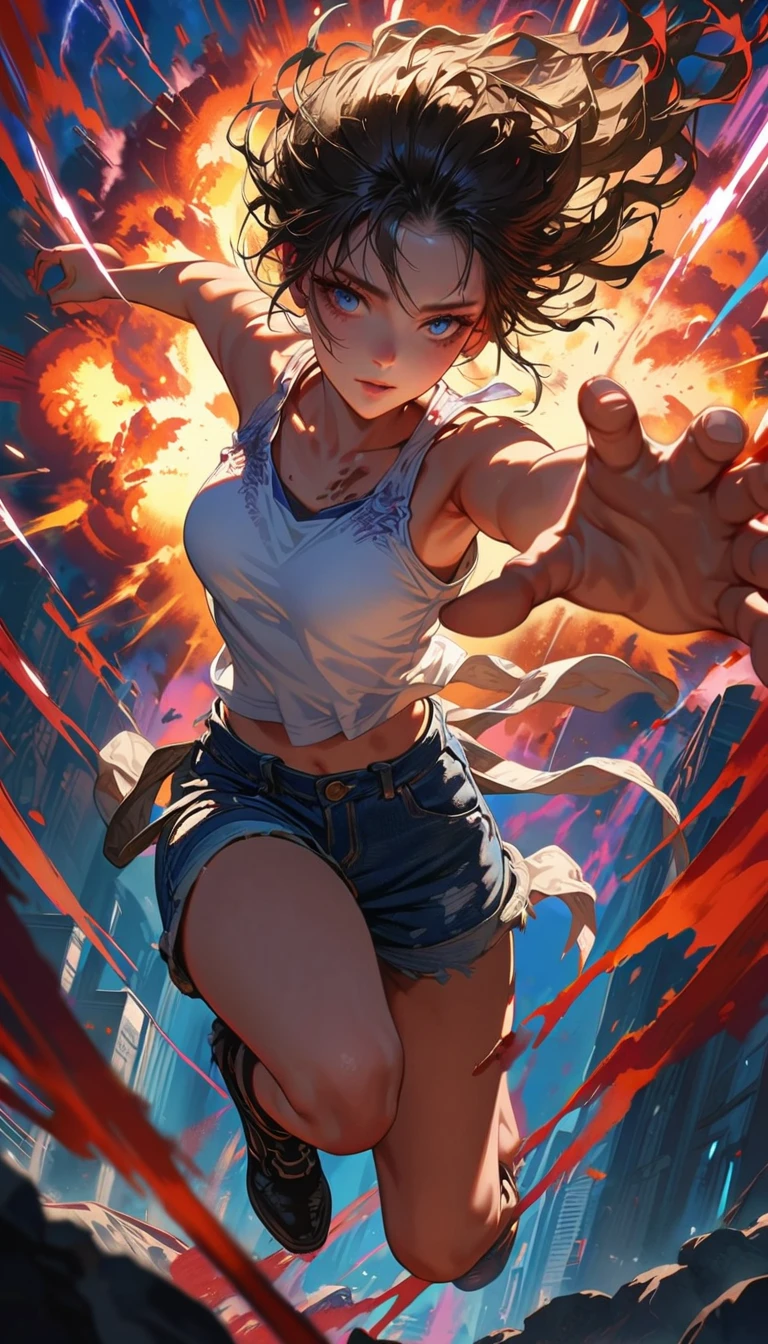 1 boy, ((super detailed, high resolution, super detailed, top quality, amazing, top quality, highly detailed CG Unity 8k wallpaper, cinematic lighting)), pov, (full body), A pretty girl is on the battlefield where the survival of humanity hangs in the balance. She is wearing a white tank top and denim hot pants. Her eyes are red. She is engaged in a dynamic battle. There are explosion marks all around her and the girl is fighting bravely on her own. Her body is moving, depicting a dynamic and powerful scene. She seems to be ready to move at any moment, jumping, fighting in the air, and dodging her opponent's attacks. Cool and stylish.