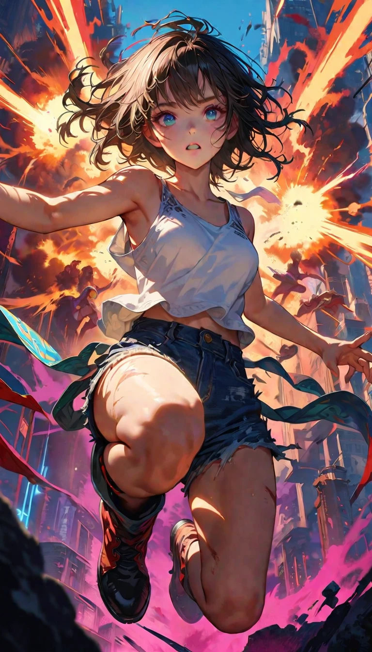 1 boy, ((super detailed, high resolution, super detailed, top quality, amazing, top quality, highly detailed CG Unity 8k wallpaper, cinematic lighting)), pov, (full body), A pretty girl is on the battlefield where the survival of humanity hangs in the balance. She is wearing a white tank top and denim hot pants. Her eyes are red. She is engaged in a dynamic battle. There are explosion marks all around her and the girl is fighting bravely on her own. Her body is moving, depicting a dynamic and powerful scene. She seems to be ready to move at any moment, jumping, fighting in the air, and dodging her opponent's attacks. Cool and stylish.
