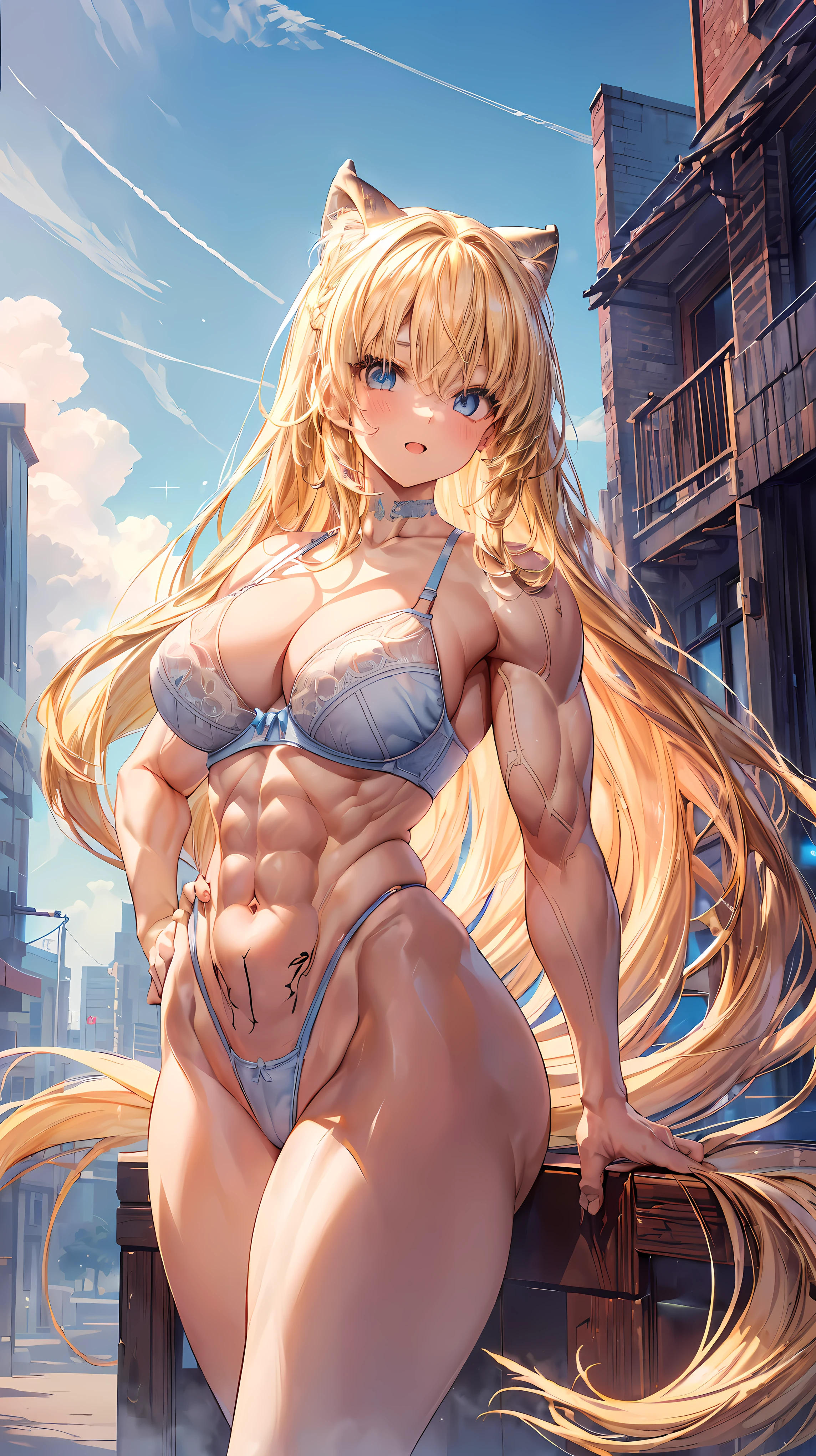 Very detailed、highest quality、Best image quality、masterpiece、8k、Anime Face、A kind smile、(Open your mouth:1.3)、Sparkling blue eyes、(Blonde semi-long hair:1.5)、(Muscles of the whole body:1.3)、(highleg:2.0)、Thigh belt、(Cowboy Shot:1.5)、(SFW Giant)、(Thick body:1.2)、(bra:1.5)、(sxspnts)、(Hands on hips:1.1)