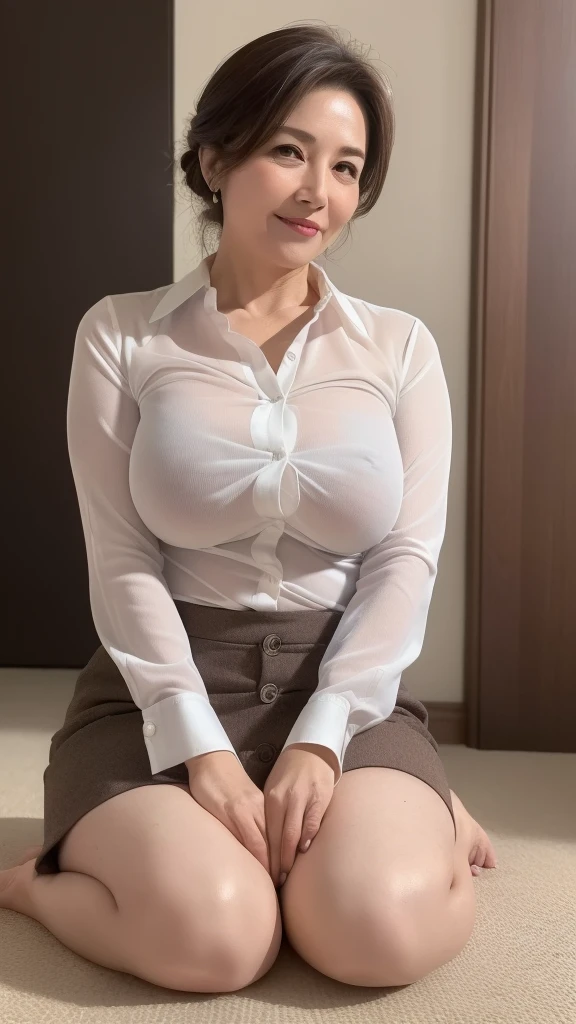 ((highest quality, 8k, masterpiece, Portraiture: 1.3)), (Observe the audience), 魅力的なビジネスのMature Woman, (1 person:1.3), A little chubby:0.35,(Brown hair up)、 White collared shirt, Grey mini skirt,(Big Breasts:1.1),(Large pelvis:0.8), smile:0.2、(((Mature Woman))), (((56 years old))),(All the buttons on the shirt are fastened:1.2),(See-through shirt:1.2),(Her erect nipples are slightly visible through the fabric:1.3),(No bra:1.2),Sexual charm,(No sleeve:1.3),((Sit on your knees with your legs apart:1.4)),((The camera angle is upwards:1.5)),(Woman looks down at the viewer:1.4)