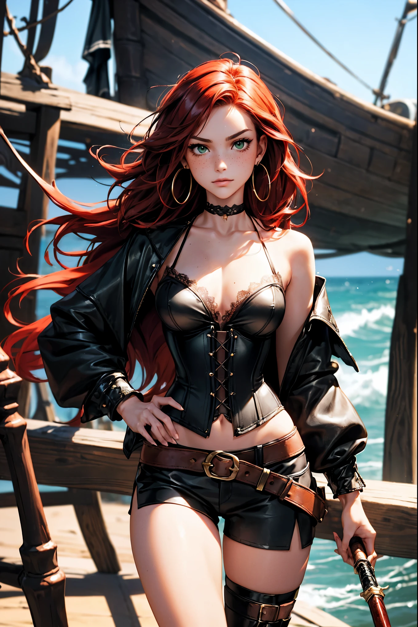 (masterpiece), best quality, expressive eyes, perfect face, (pirate ship background), (standing), (smirk), (closeup view), (1girl,freckled skin,glossy skin, red hair,green eyes, hourglass figure, thin body, skinny body, petite_body, medium breasts, thick thighs, long fingernails, hoop earrings, white front lace blouse, long sleeve, loose fit, black leather corset, brown leather shorts, brown boots, sheathed cutlass sword, flintlock pistol in holster, hoop earrings, miscellaneous jewelry) thong straps