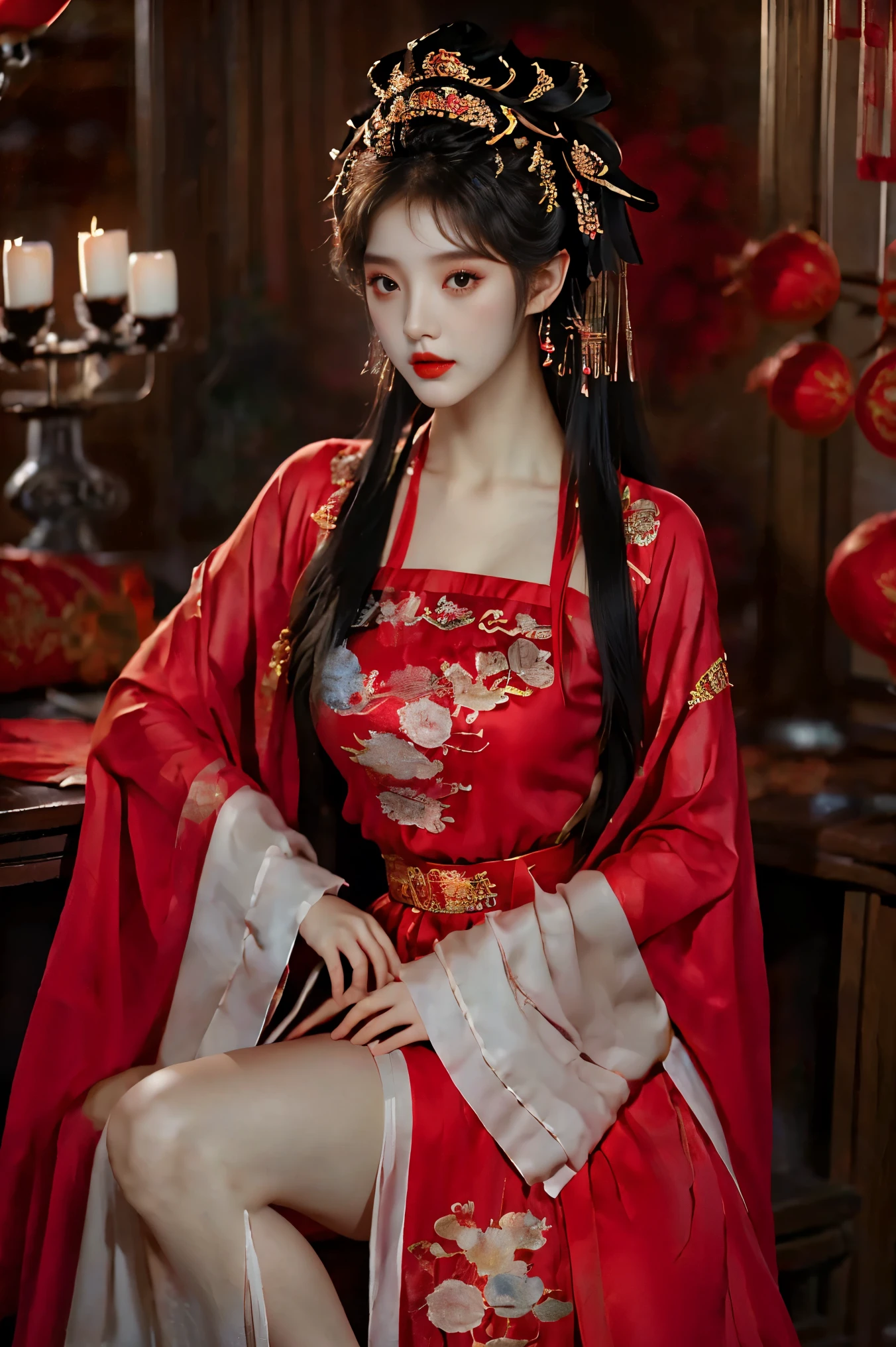 1girl, 20 years old, center, Black long hair, Red lips, Perfect thighs, Chinese Queen, Gold embroidery clothing, Red cheongsam, Lace, Red cape, Red embroidered shoes, (Look into the camera:1.5), stand up, night, Wooden pavilion, Chinese Palace, Front view, curls, Hair flying, Gloomy sky, beautiful right eye pupil, (Very delicate and beautiful Korean female facial features:1.3), (Beautiful and detailed description of eyes), Best picture quality, Movie Lighting, Detailed background, Surrealism, rococo style, Art Deco, dutch angle, masterpiece, UHD, masterpiece, ccurate, anatomically correct, textured skin, super detail, high details, award winning, best quality, 8k, gufeng